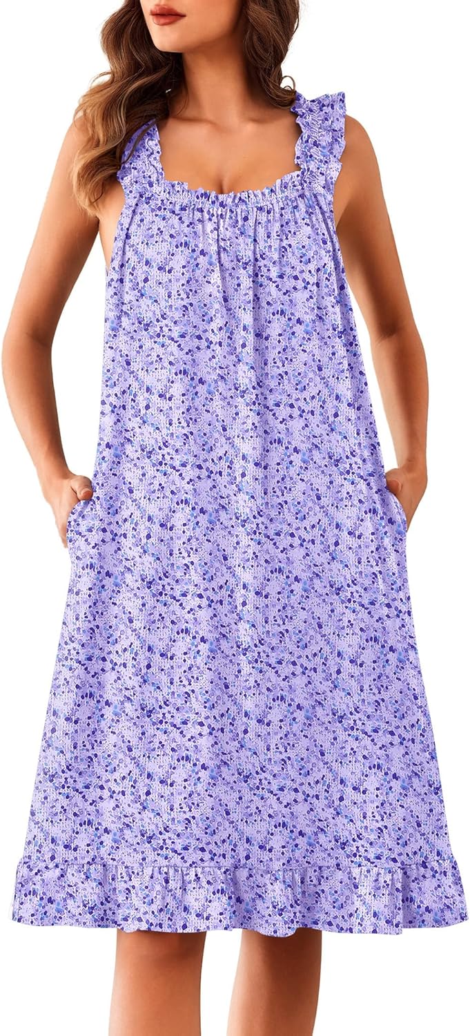 Ekouaer Nightgowns for Women Ruffle Cute Night Gowns House Dress with Pockets Sleeveless Tank Victorian Dress S-3XL