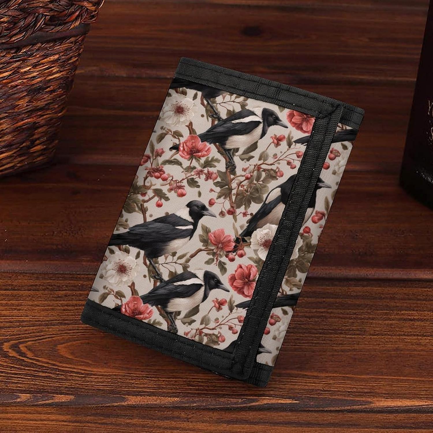 Bird Magpie And Flowers Trifold Slim Wallet Front Pocket With Money Clip And ID Credit Card Slots For Travel Work
