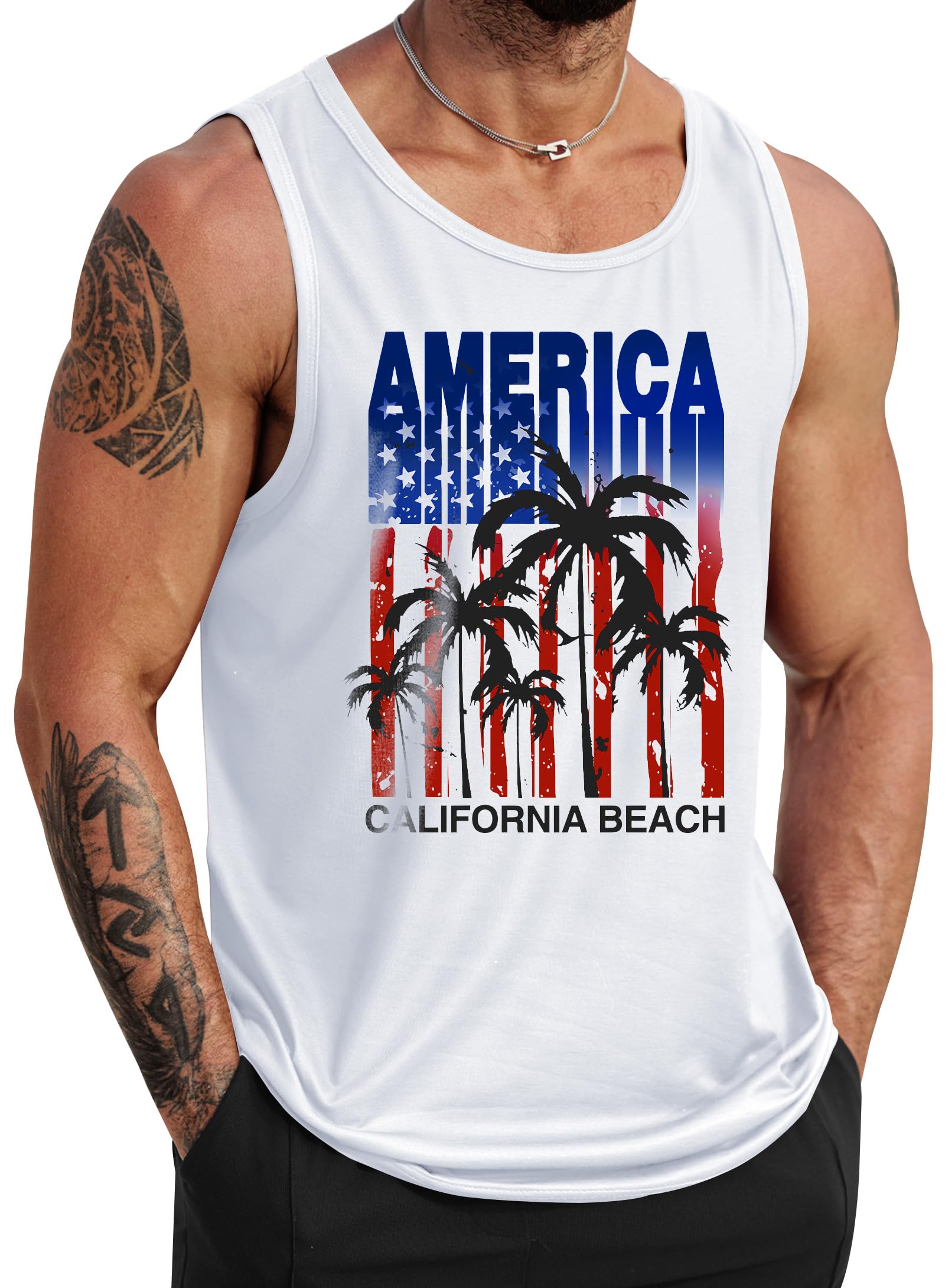 VOGSTART Mens Beach Tank Tops Summer Vacation Graphic Sleeveless Shirts
