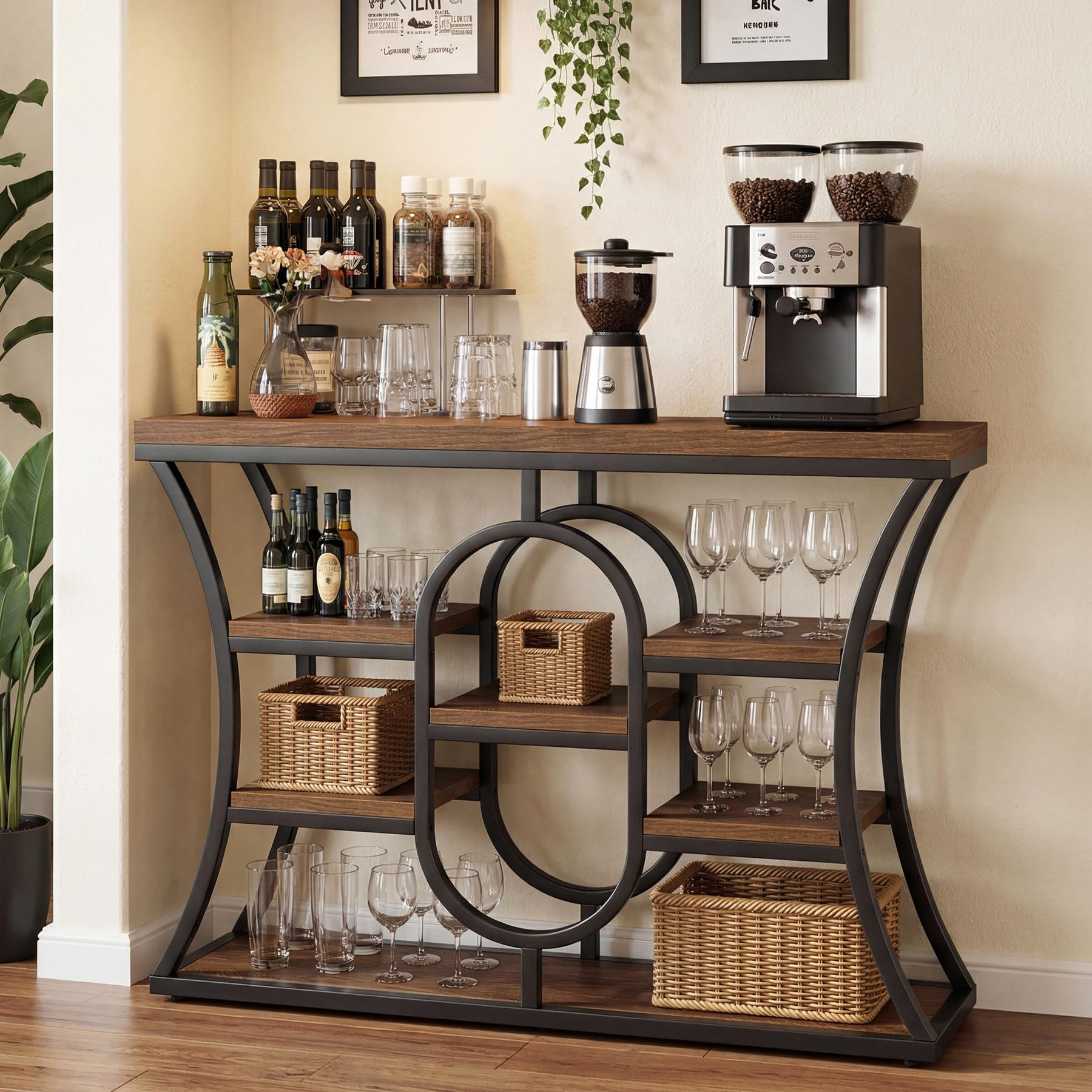 Tribesigns Tavolo Console Industriale 105 cm, 5 Ripiani Sfalsati, Tavolo da Divano con Struttura in Metallo e Scaffali Portaoggetti, Mobile Stretto per Ingresso, Corridoio, Soggiorno, Marrone Rustico