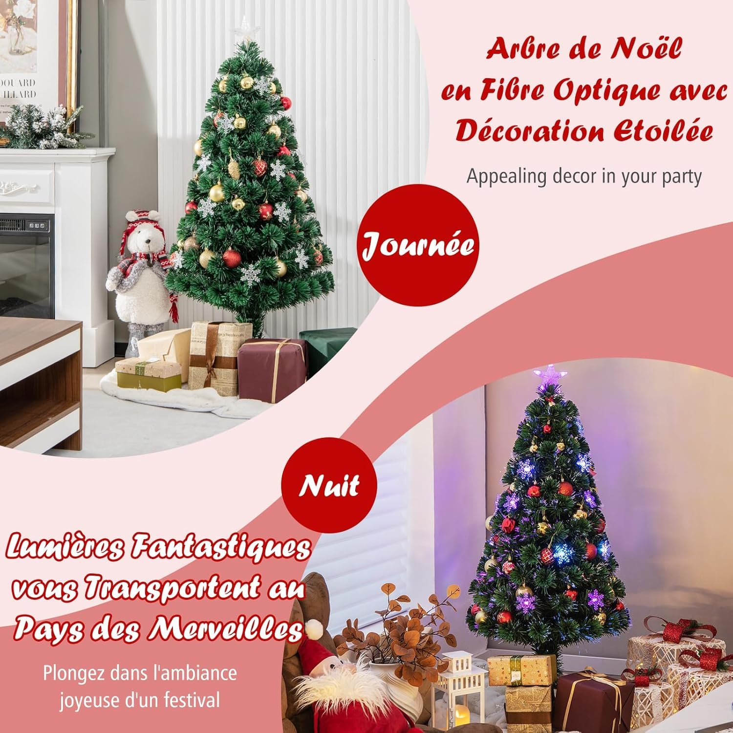 GOPLUS Sapin de Noel Lumineux LED, 120cm Sapin de Noël Artificiel Fibre Optique avec 18 Flocons de Neige Lumières et Etoile Sommet, 125 Branches Touffues, Décoration Noël