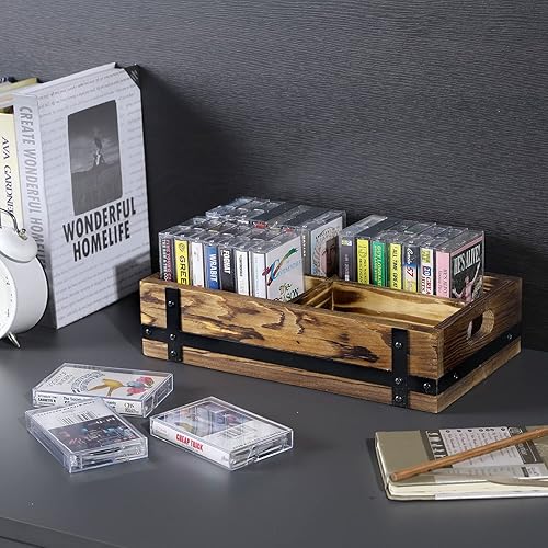 Miniatura 2 de MyGift Caja de almacenamiento de cinta de casete retro de madera maciza rústica con detalles industriales de metal negro mate y 4 compartimentos,