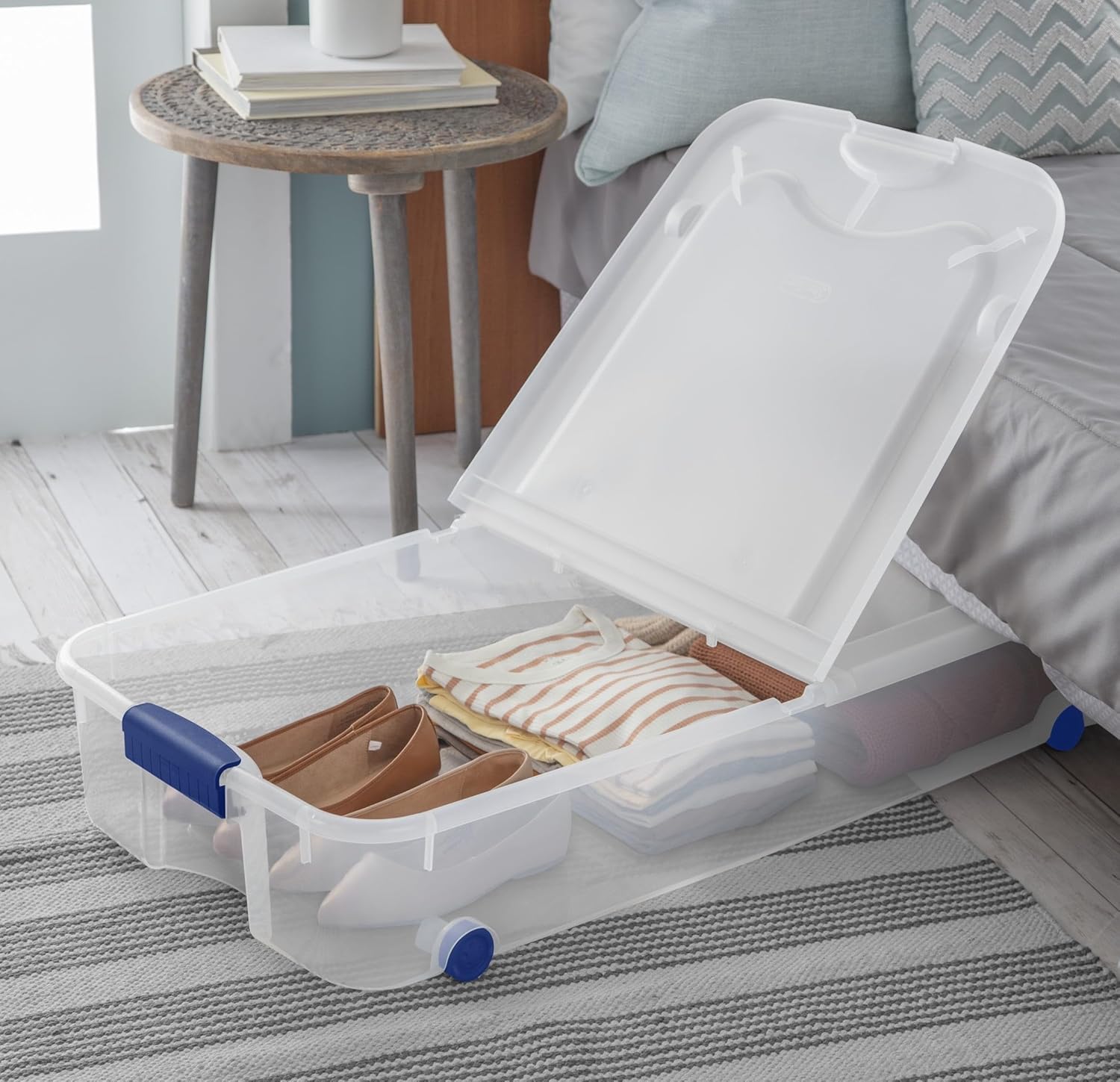 2 Pack 66 Quart Wheeled Latch Box with Lid, Underbed Storage Container, Durable Plastic Organizer for Bedroom, Closet, Garage, Blue