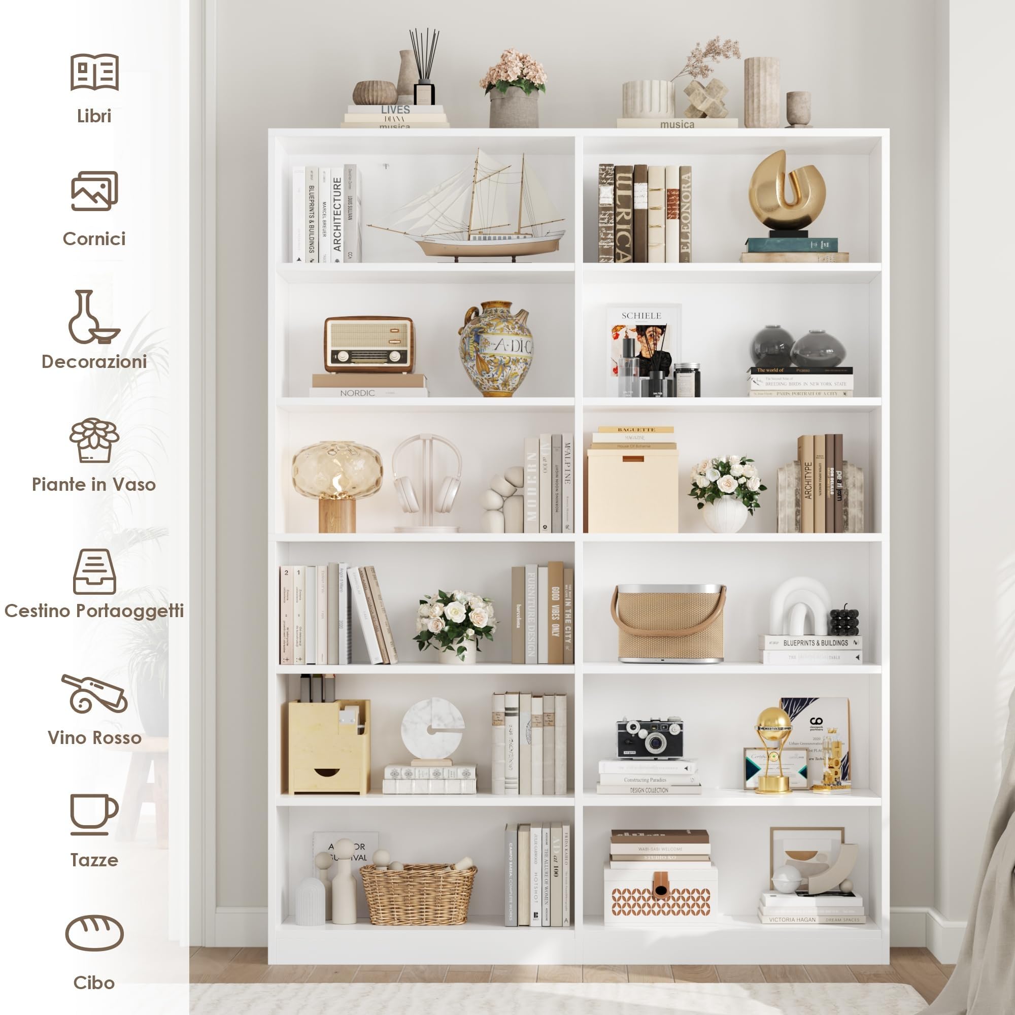 FirFurd Libreria bianca a 6 ripiani per soggiorno con 12 scomparti aperti, scaffale autoportante per casa, ufficio, 120 x 30 x 188,7 cm