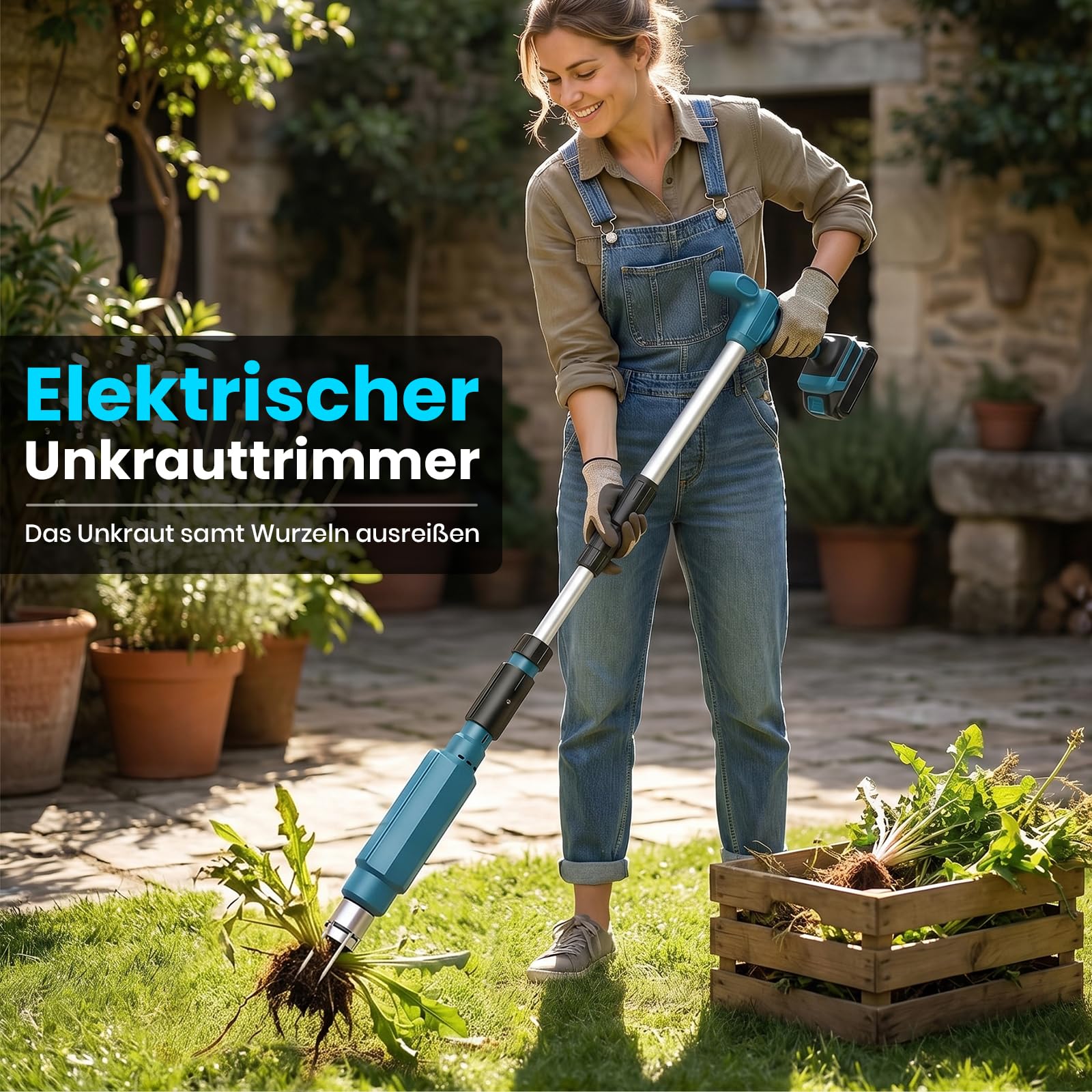 Makita 18V Estirpatore Elettrico per Erbacce, Manico Telescopico 77-95 cm, 3 Artigli Acciaio Inox, Estrattore Radici Giardino