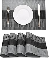 HeloHo Black Placemats Set of 4: Heat-Resistant, Washable, Non-Slip Vinyl Woven Table Mats for Kitchen Dining - Wipeable, Indoor Outdoor