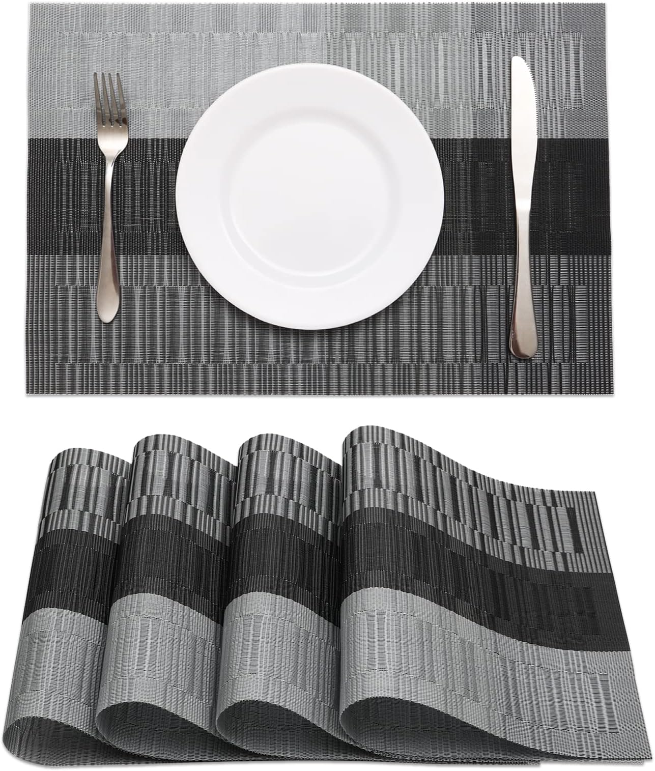 HeloHo Black Placemats Set of 4 Heat-Resistant Washable Place Mats Non-Slip Vinyl Woven Table Mats Wipeable Placemat for Kitchen Dining Table Decoration Indoor Outdoor