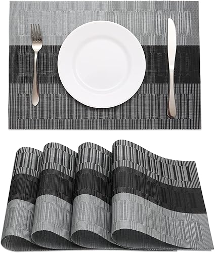 HeloHo Juego de 4 manteles individuales degradados de color gris oscuro y gris claro, manteles individuales lavables de vinilo para cocina, comedor,