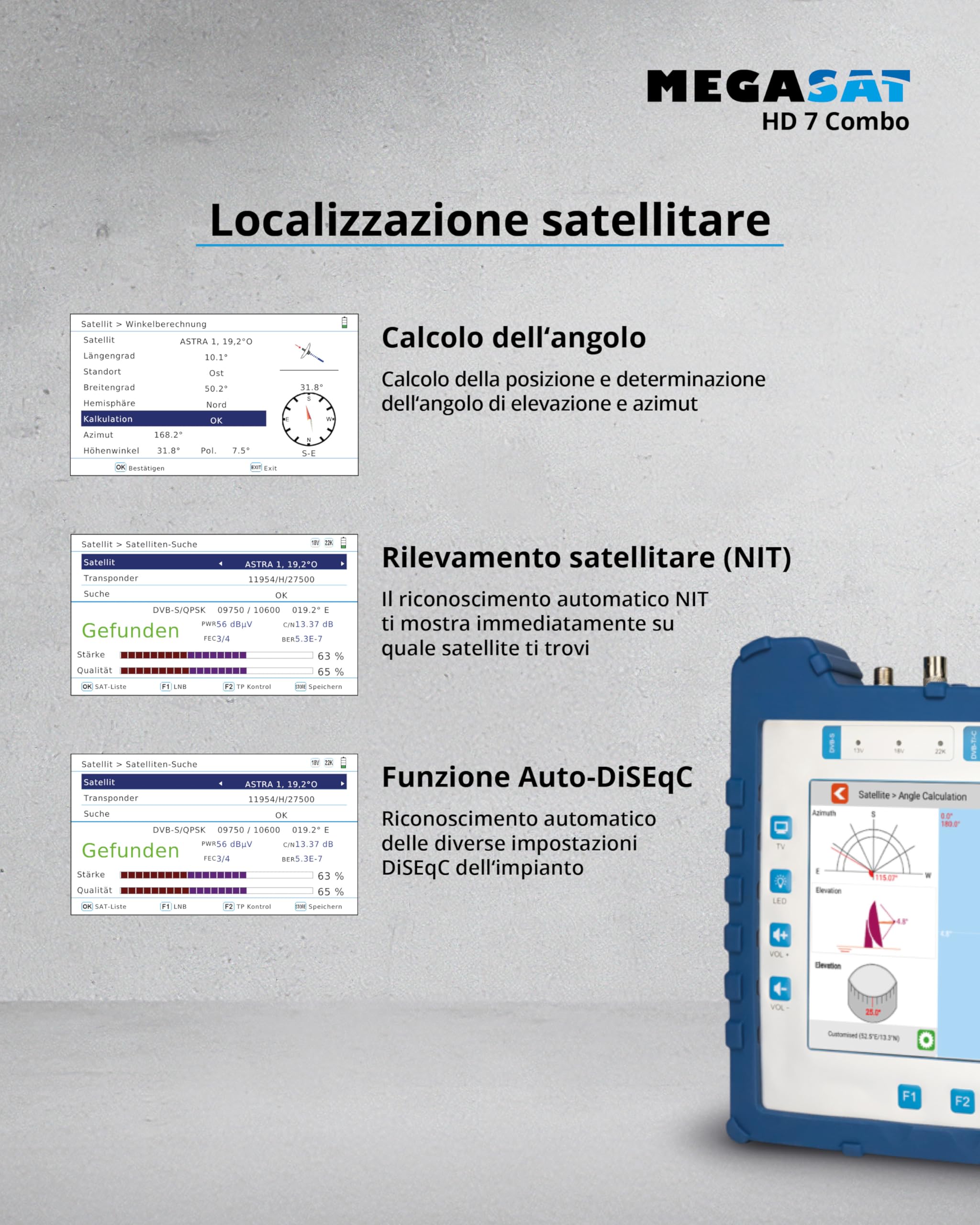Megasat HD 7 Combo – Misuratore (per DVB-S, DVB-S2, DVB-T, DVB-T2, DVB-C, DAB+, Live-TV Bild, Unicable, display a colori da 8,9", batteria, lampada)