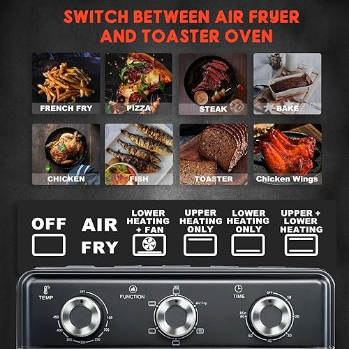 Miniatura 5 de Combo de horno tostador de freidora de aire de 10 cuartos de galón, horno freidora de aire con funciones 5 en 1, control de 3 botones y ventana