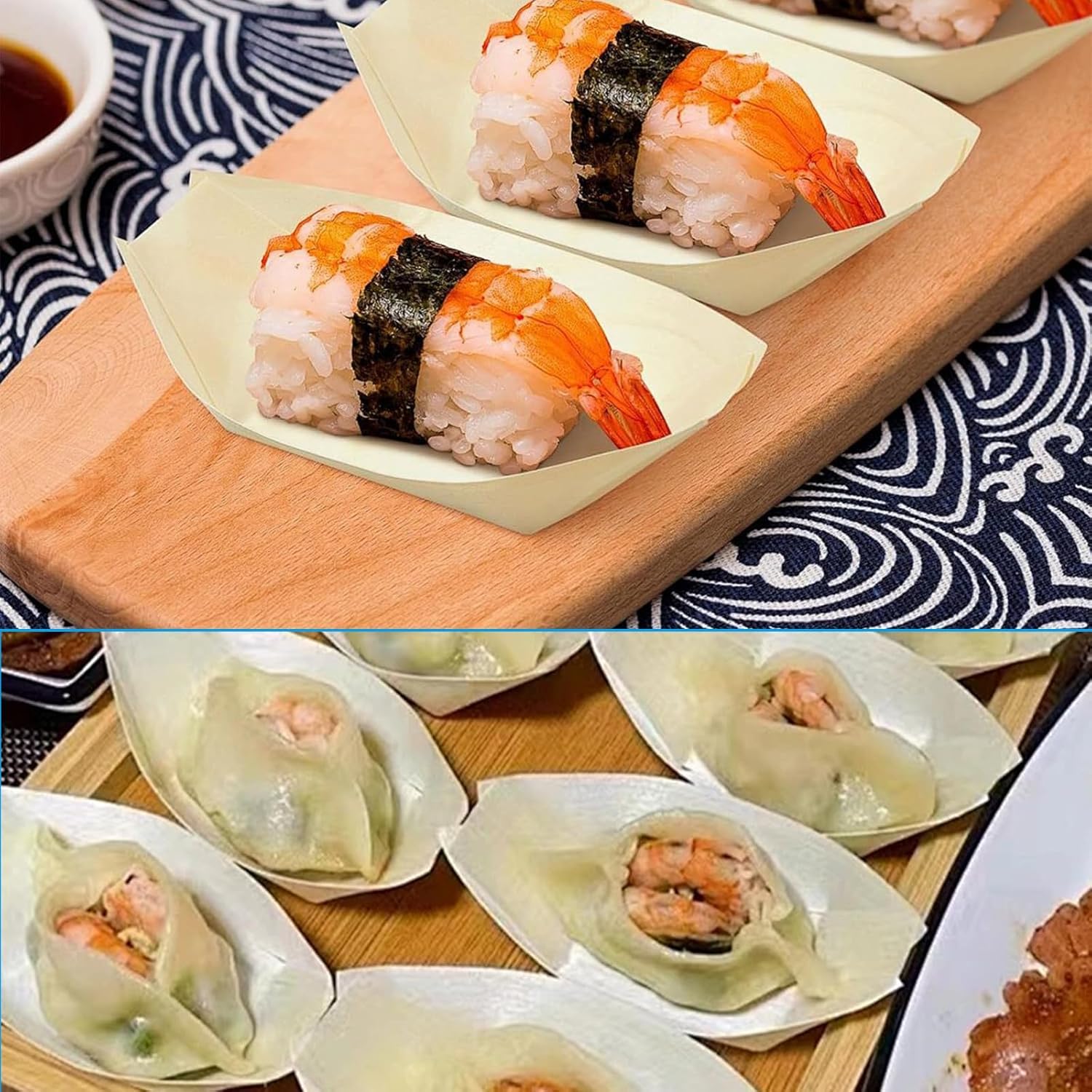 MSYU 500 piatti usa e getta in legno a forma di barca, 11 x 6,5 cm, piatti per alimenti, piccoli piatti, antipasti, sushi, contenitori per alimenti, catering, vacanze, casa