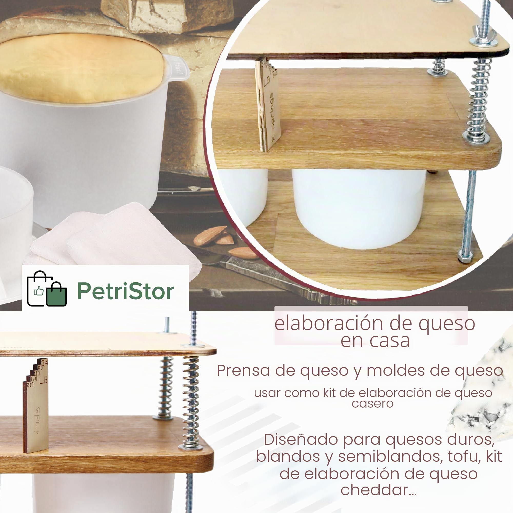Prensa de queso para hacer queso de 40 cm, roble natural, 18 mm de grosor, kit de fabricación de queso con prensa de queso de madera y 2 moldes de queso de 1.8 L blanco