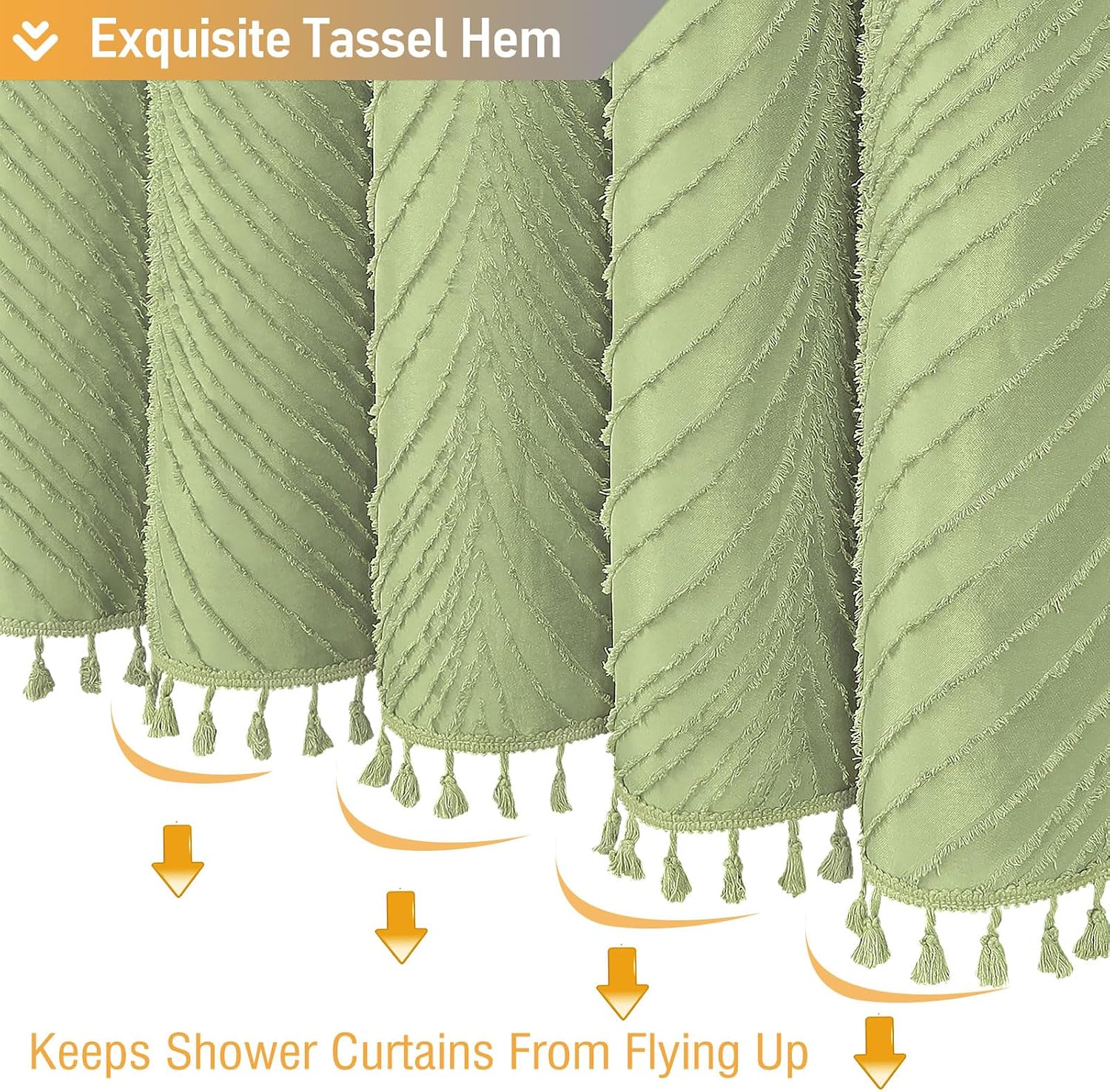 BTTN Sage Green Boho Tufted Leaves Textured Striped Shower Curtain, 72x72