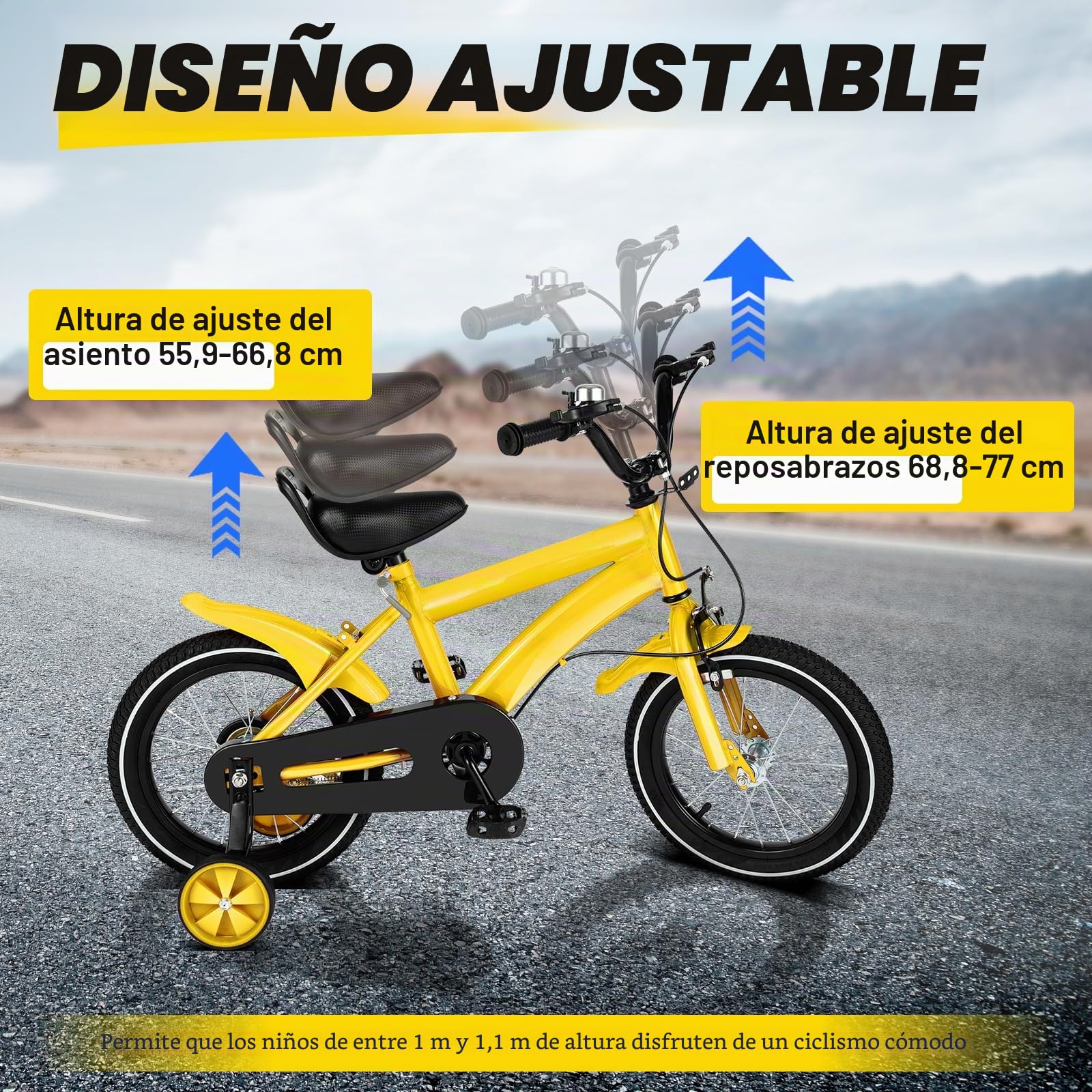 Bicicleta infantil de 14 pulgadas, bicicleta para niños y niñas con ruedas estabilizadoras y sistema de frenado dual, altura ajustable para niños a partir de 3 años para entrenamiento