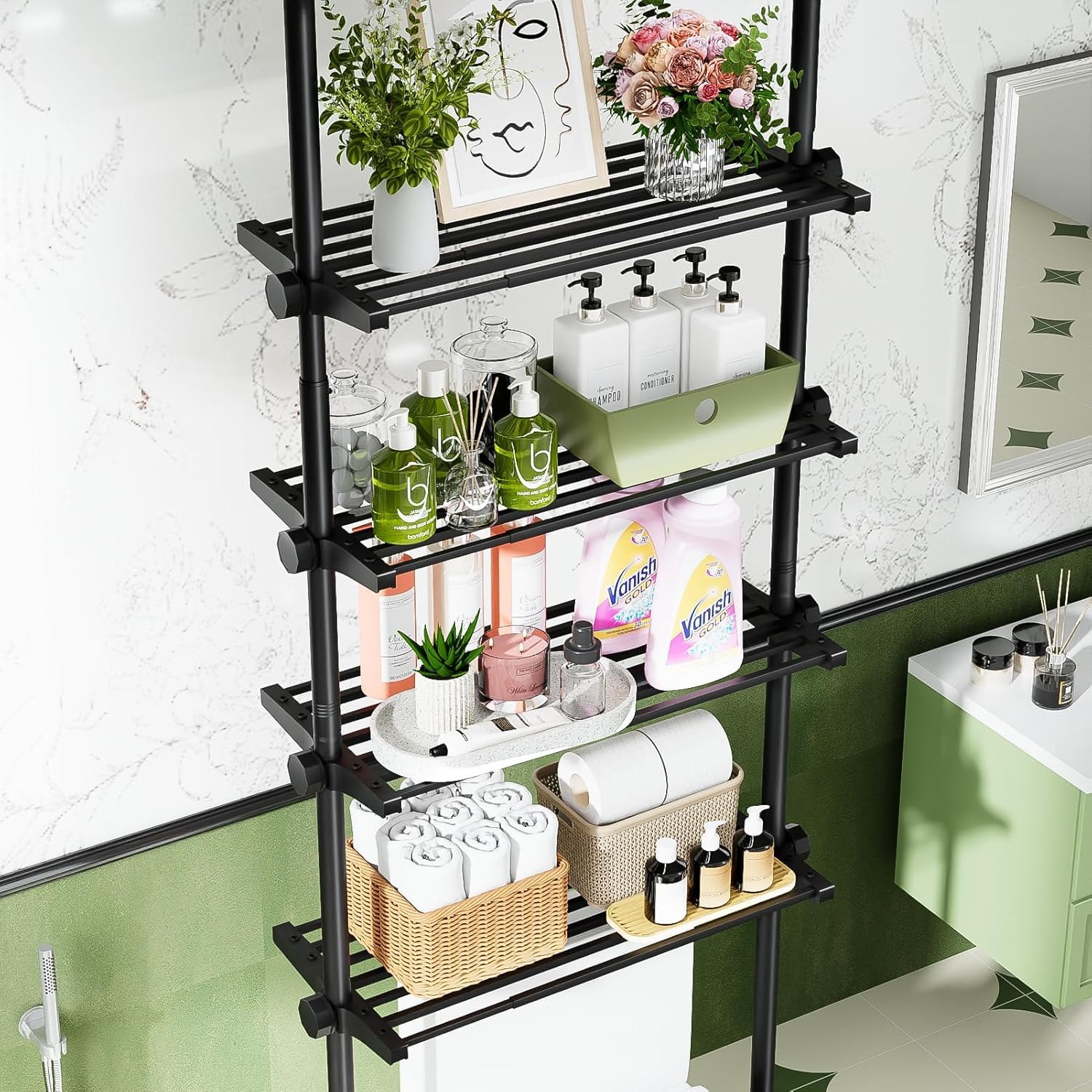 Estantería para inodoro de 4 niveles WELDUN, estante de baño sobre el inodoro ahorrador de espacio, 49-79 cm de ancho, 122-315 cm de alto, estantería para lavadora, organizador de baño, negro