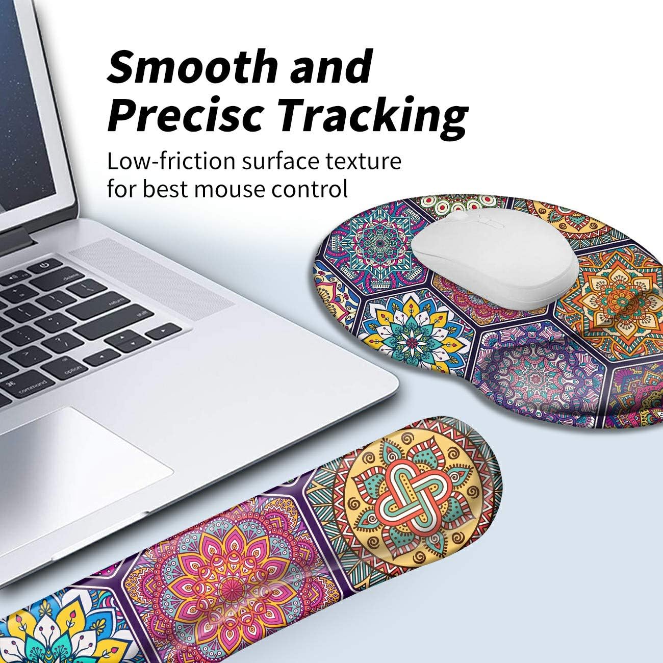 Wrist Rest for Computer Keyboard and Mouse Pad with Wrist Support Gel, Colorful Mandala Ergonomic Mousepad Comfortable Keyboard Pad Set Non-Slip Base Come with A Cute Coaster