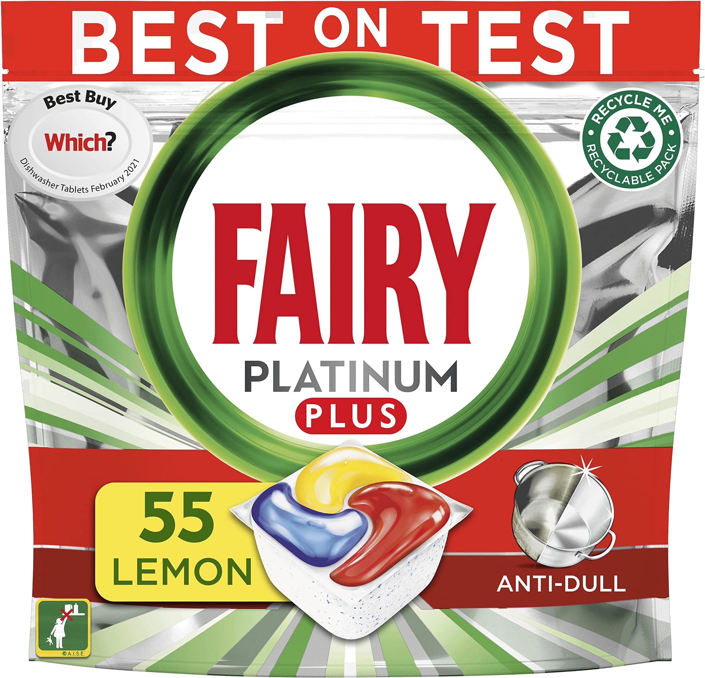 Fairy Platinum Plus All-in-One Dishwasher Tablets Bulk, Lemon, 55 Tablets