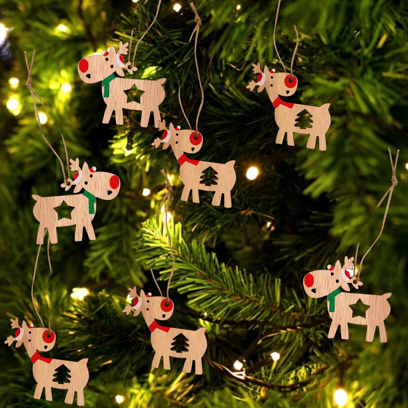 24 Ciondoli In Legno Per Albero Di Natale – Decorazioni Fai Da Te Con Corde Di Iuta – Bianco E Rosso, Motivi Retrò – Perfetti Per Feste E Regali