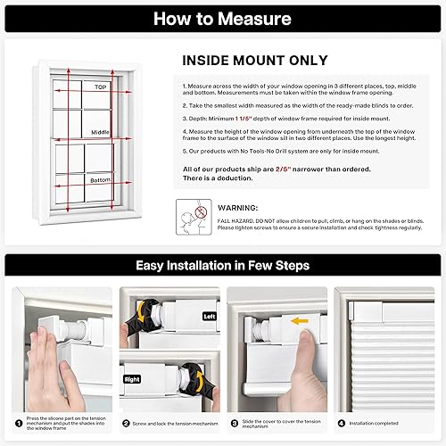 Miniatura 6 de LazBlinds Persianas Celulares sin Cordón, Sin Herramientas Sin Taladro Persianas de Panal Filtradoras de Luz Persianas Plisadas para Ventanas, 33''