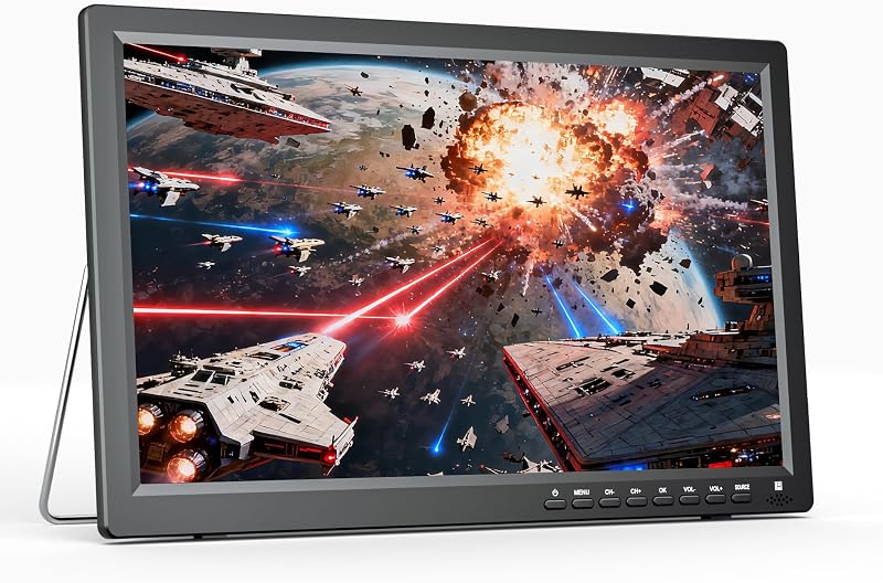 15.6 inch Portable TV with Antenna and Freeview | Small LCD television, rechargeable battery, HDMI, USB, for kitchen, caravan or camping