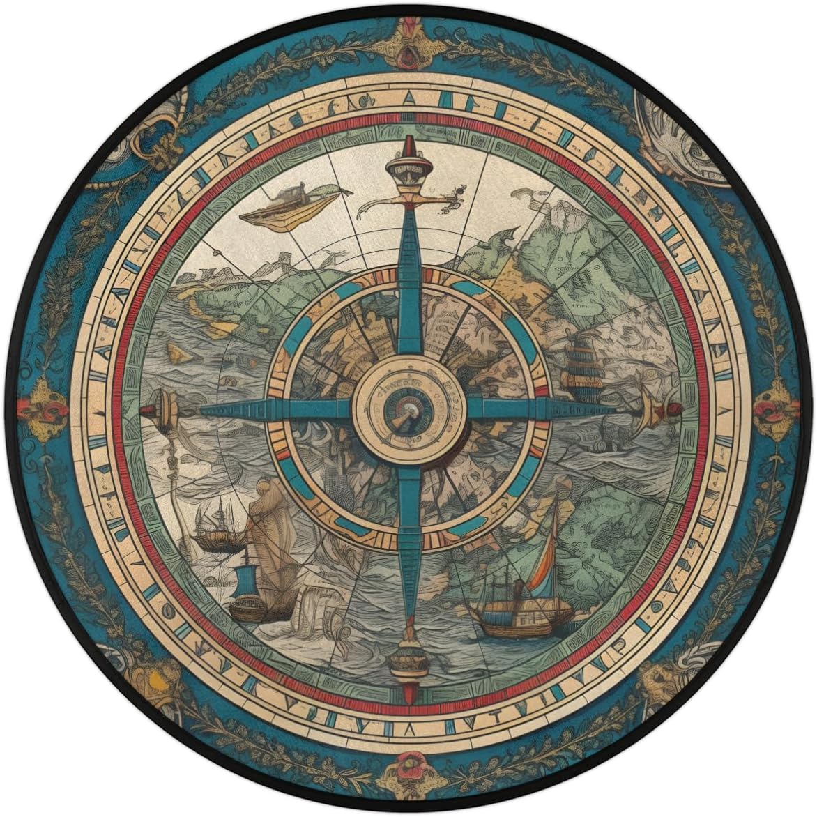 Round Area Rug 3 ft - Vintage Compass Washable Circle Rugs Non Slip Round Floor Mat - Soft Large Carpet for Living Room Nursery Bedroom Kitchen