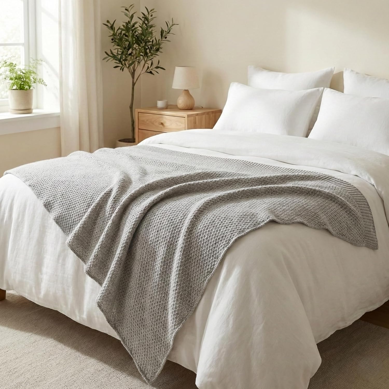 NPIA Certified 100% Pure Cashmere Throw Blanket | Handmade Himalayan Cable Knit & Honeycomb Wrap | Luxury Heirloom Sofa & Bed Accent (Light Grey Melange, King (U.S. Standard), Honeycomb) - Image 4