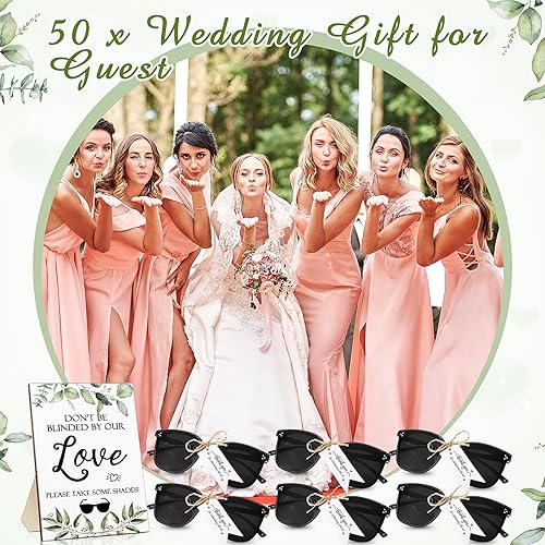 Miniatura 6 de 50 pares de lentes de sol de boda negros, regalos de madera, letrero de boda con texto en inglés "Mr. & Mrs", 50 tarjetas de agradecimiento y cuerda
