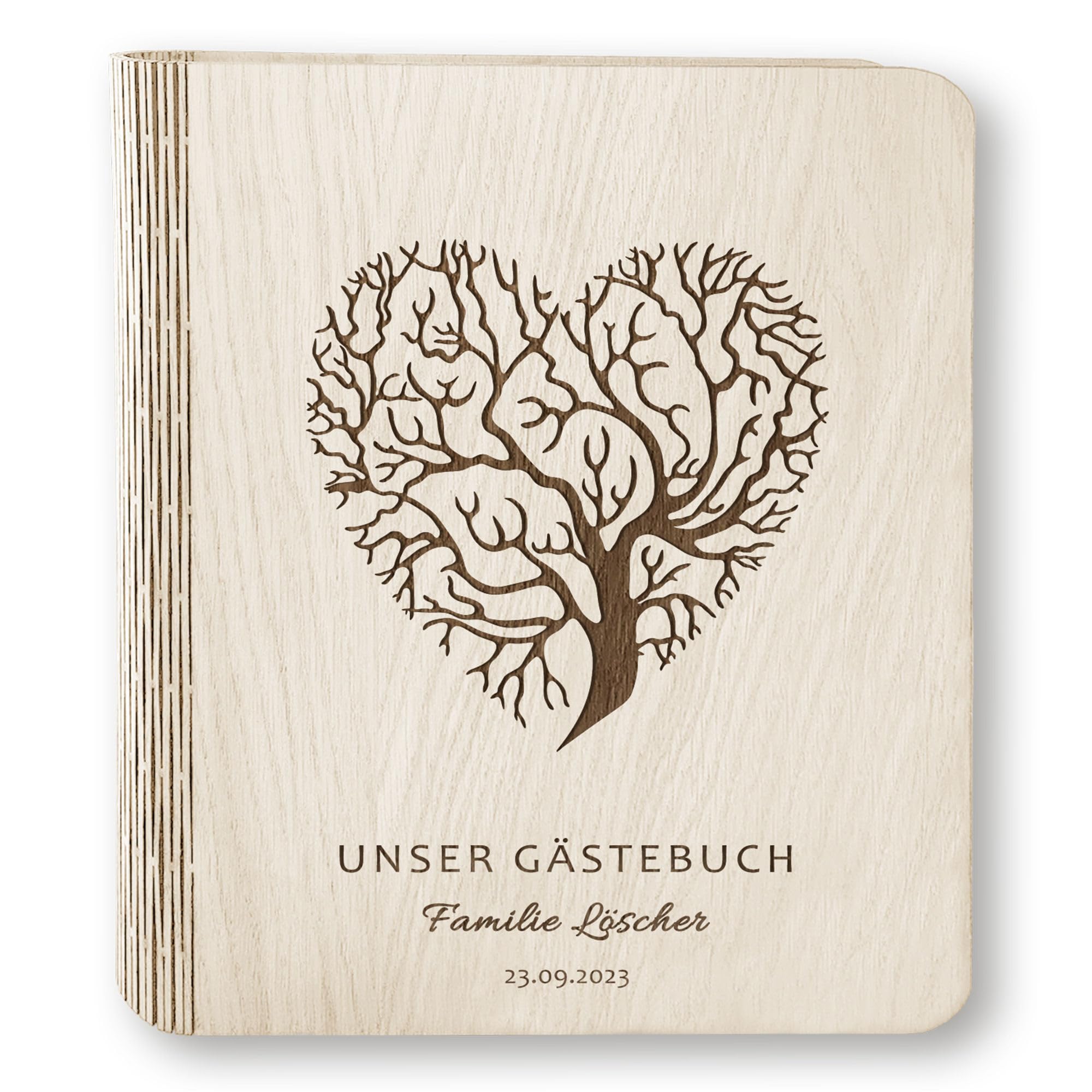 Holz Gästebuch Hochzeit Hertre mit und ohne Fragen ca. 22,5 x 23,5 cm - Hochwertiges Hochzeitsgästebuch Holzbuch Herz Holzgästebuch Stammbaum Herzbaum Handarbeit