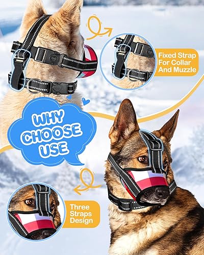 Miniatura 3 de Bistup Bozal para perros de tamaño mediano, bozales suaves, antimordeduras, collar de masticación y tres tiras reflectantes, permite beber paño de