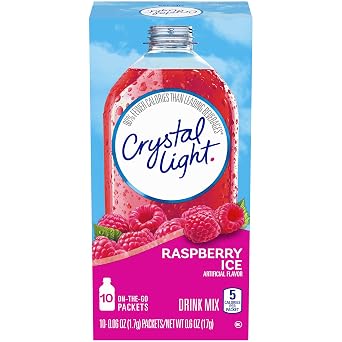 Crystal Light On-The-Go Drink Mix Packets, Sugar Free Powdered Water Enhancer, Artificially Flavored Low Calorie Beverage Mix, Raspberry Ice, 0.06 Ounce Packets, 10 Count Pack of 10