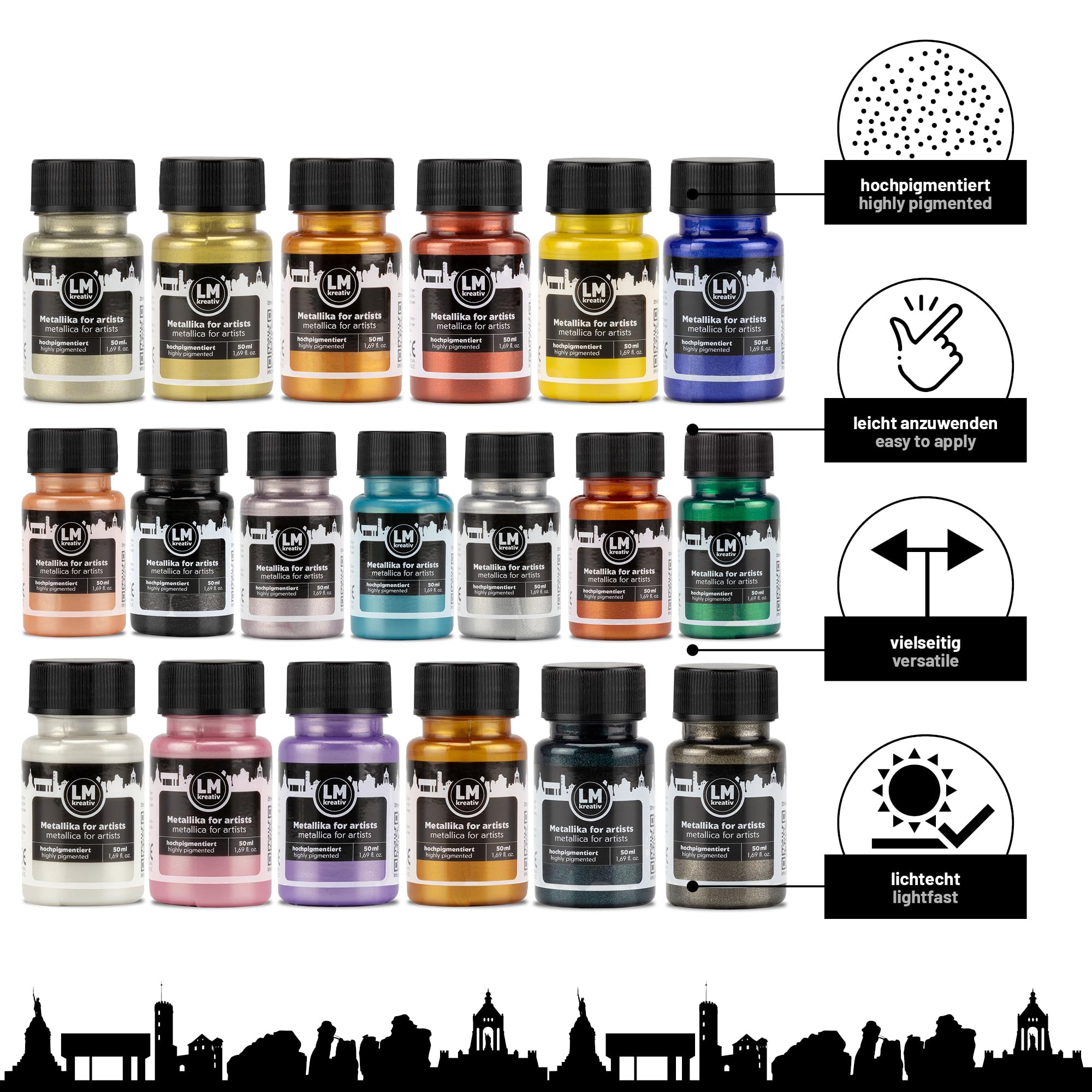 LM-Kreativ Metallika for Artists Color Fusion Lot de 19 peintures acryliques métallisées 19 x 50 ml pour projets créatifs sur bois, toile, céramique Très couvrante, résistante à la lumière. Pour