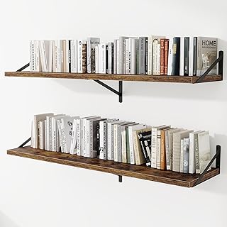 Deep Wall Shelves 55"W x 12"D Engineered Wood Floating Shelves for Wall, Sturdy Metal Bracket Bookshelves Home Decor Storage for Living Room Bedroom Bathroom Kitchen, Set of 2, Rustic Brown Finish
