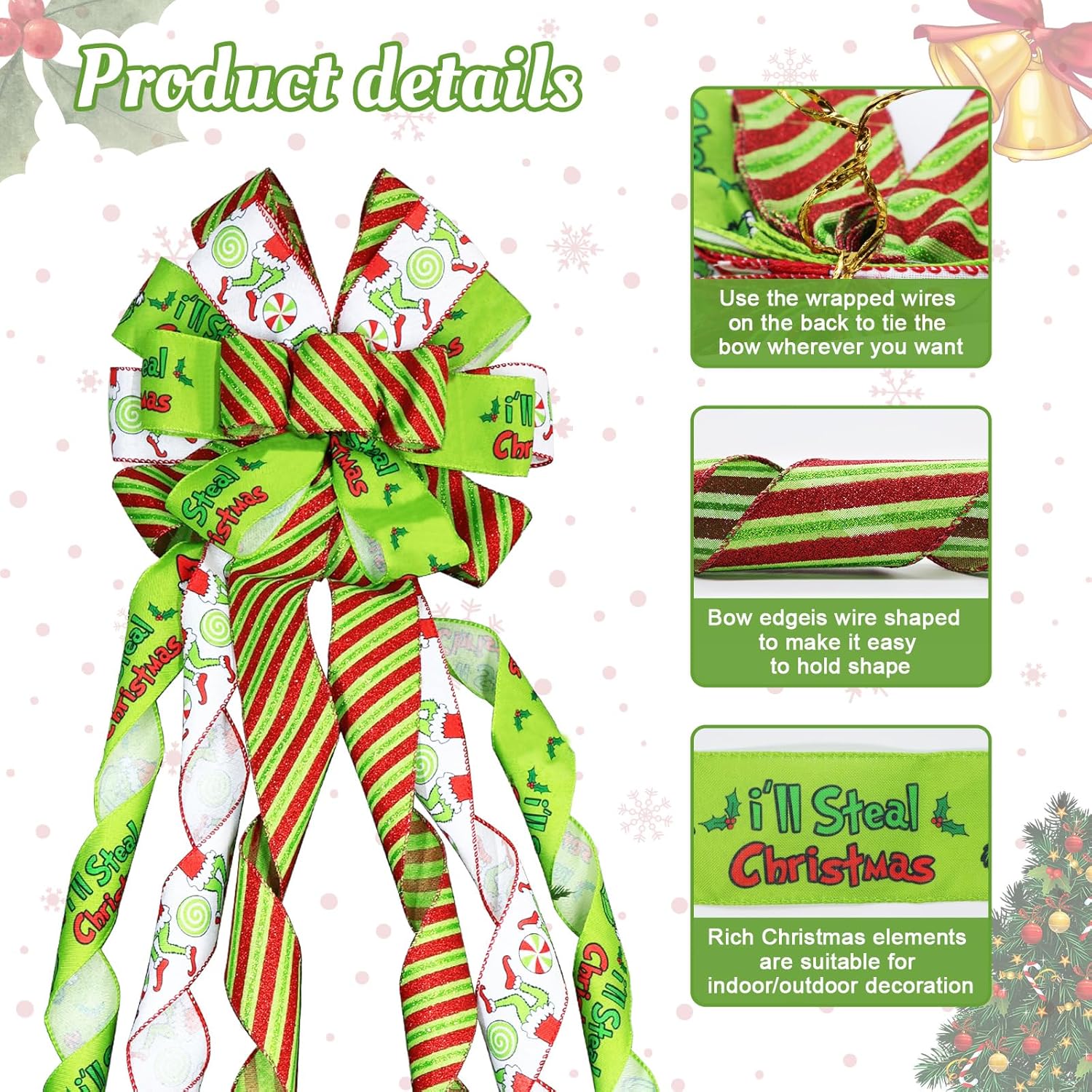 Large Christmas Tree Topper Bow 52x13 Inch, Pre-Tied Wired Ribbon Wreath Bows, Xmas Ornaments with Long Wired Edge Streamer for Holiday Thanksgiving Indoor Outdoor Party Decoration (Green) - Image 2
