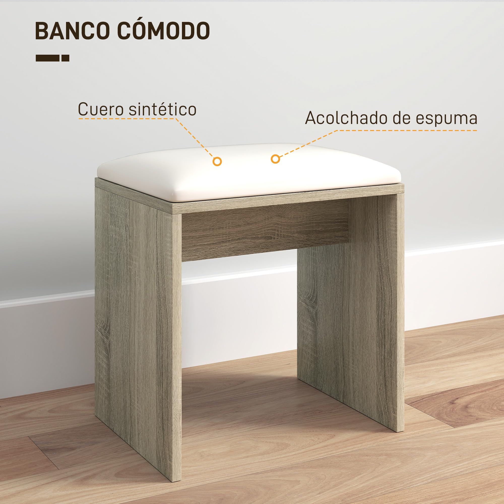 HOMCOM Tocador de Maquillaje con Taburete, Tocador con Espejo, Estantes Abiertos, Cajón y Estante Ajustable, Anti-vuelco, para Dormitorio, Salón y Vestidor, Natural