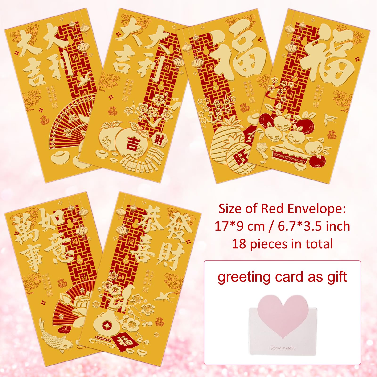 Hongbao Buste Rosse Cinesi 18 pezzi, Design Tradizionale Simbolo di Fortuna (Oro) - Dimensioni Standard per Capodanno Cinese, Capodanno Lunare, Matrimoni e Compleanni