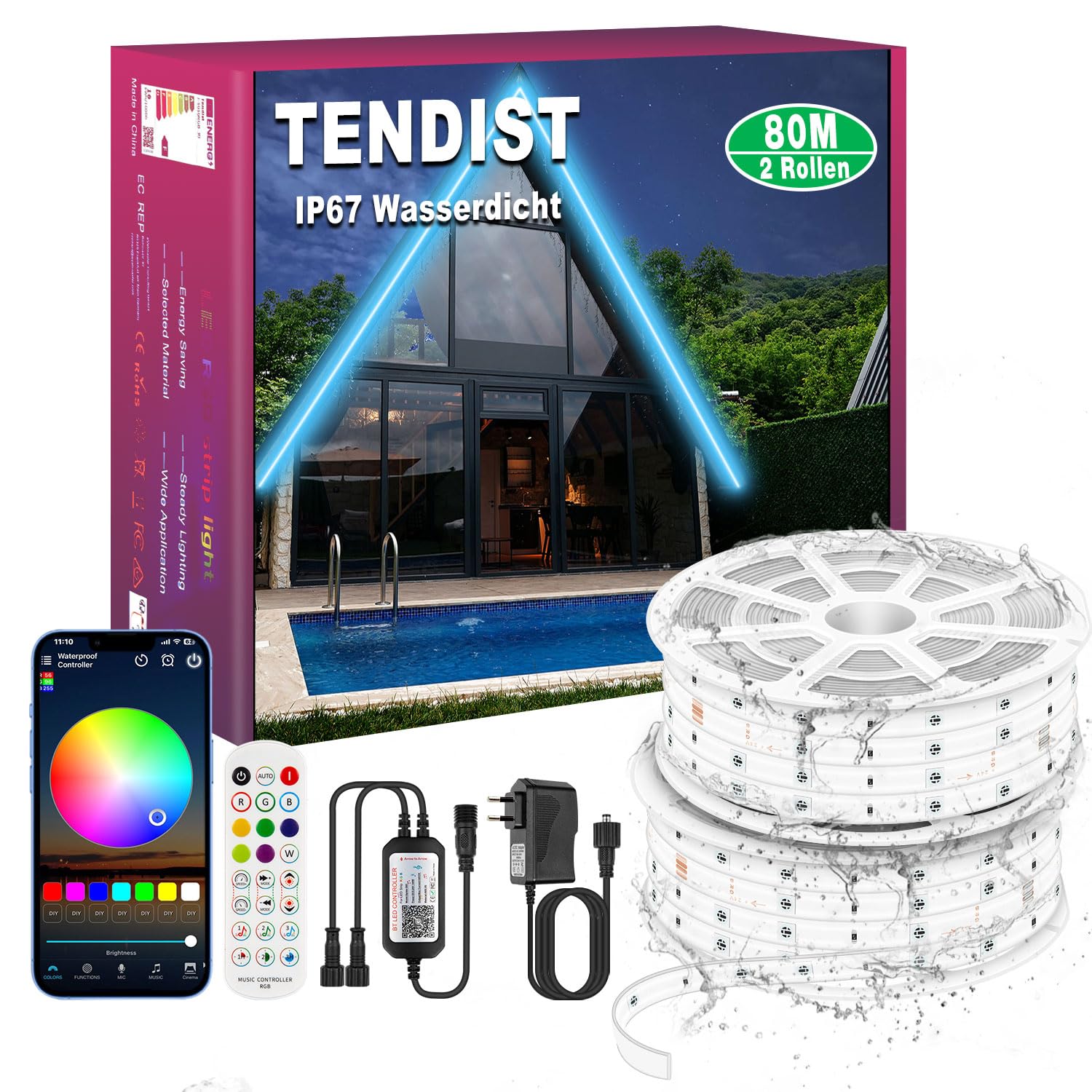 80M IP67 RGB LED Streifen Aussenbereich Wasserdicht, Bluetooth Outdoor LED Strip mit App, Remote und Music Sync, Lichtband Selbstklebend für Garten, Balkon, Terrasse, Festival (40M*2)