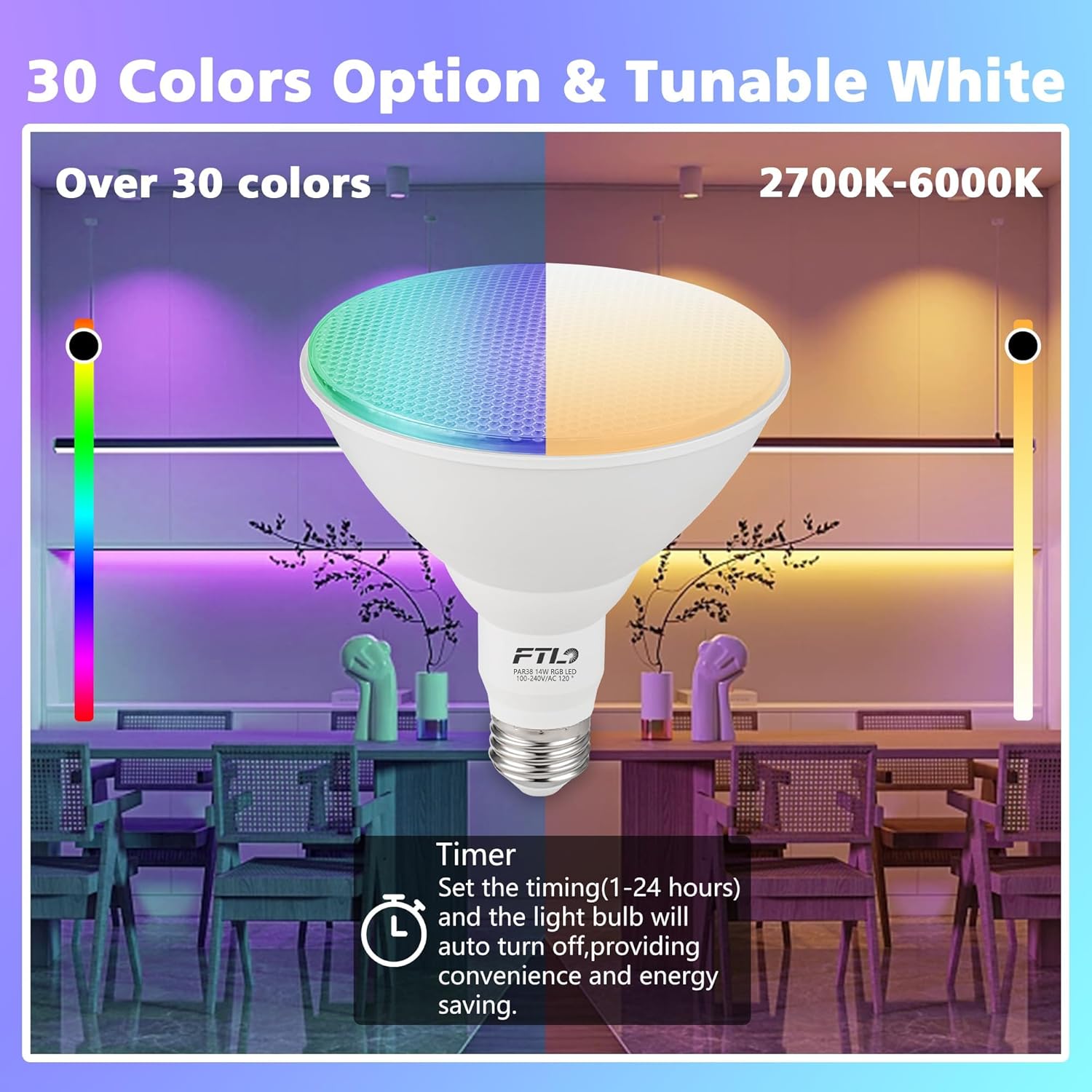 FTL PAR38 LED Color Changing Flood Light Bulb with Remote Control, Dimmable RGB Colored Light Bulbs 14W=100W, 30 Colors, Timer, 2700K-6000K, Outdoor Spotlight Bulbs for Recessed Can Lighting 2-Pack