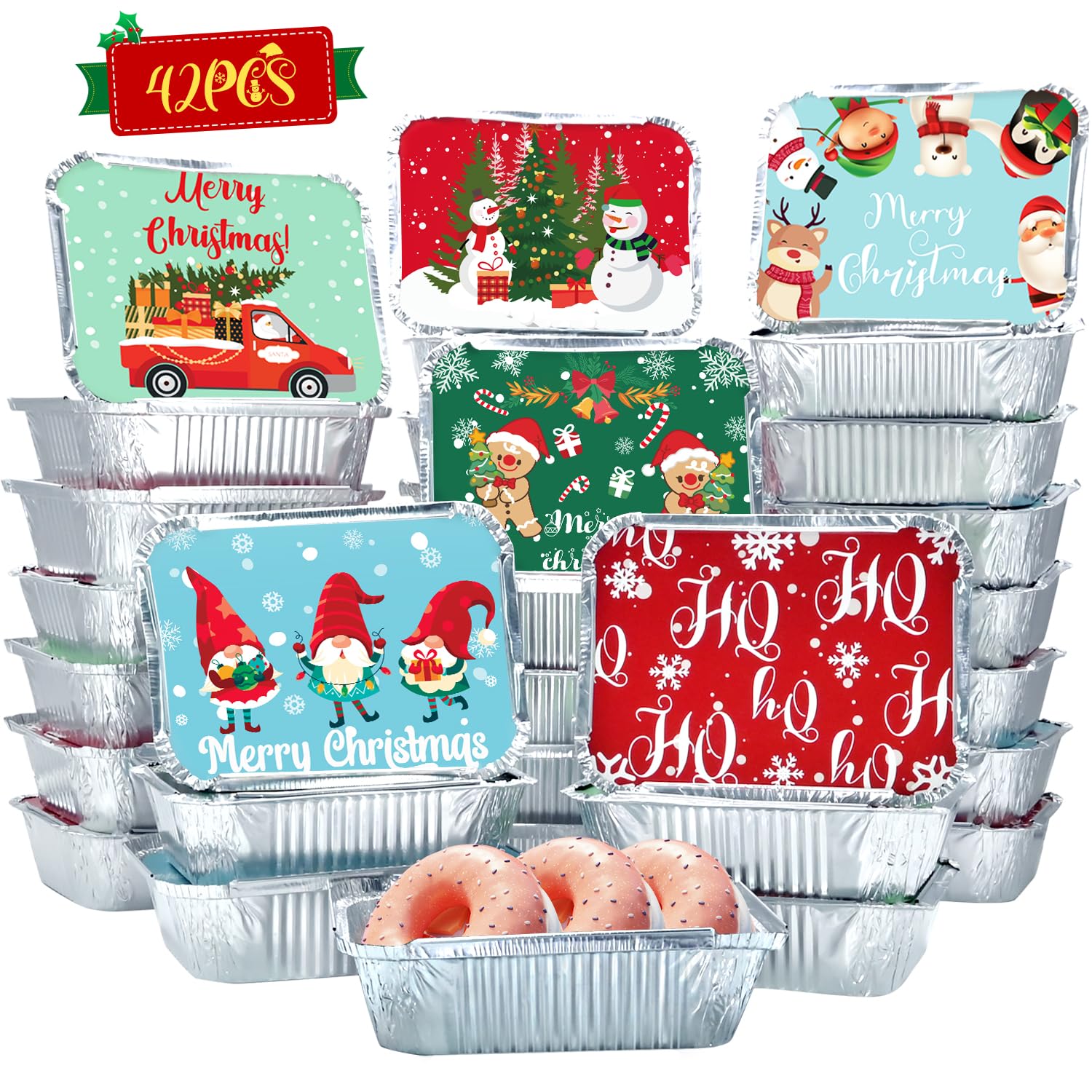 WODMAZ 42 recipientes de papel de aluminio de Navidad con tapa, recipientes de aluminio desechables de papel de aluminio para alimentos sobrantes para fiestas de Navidad