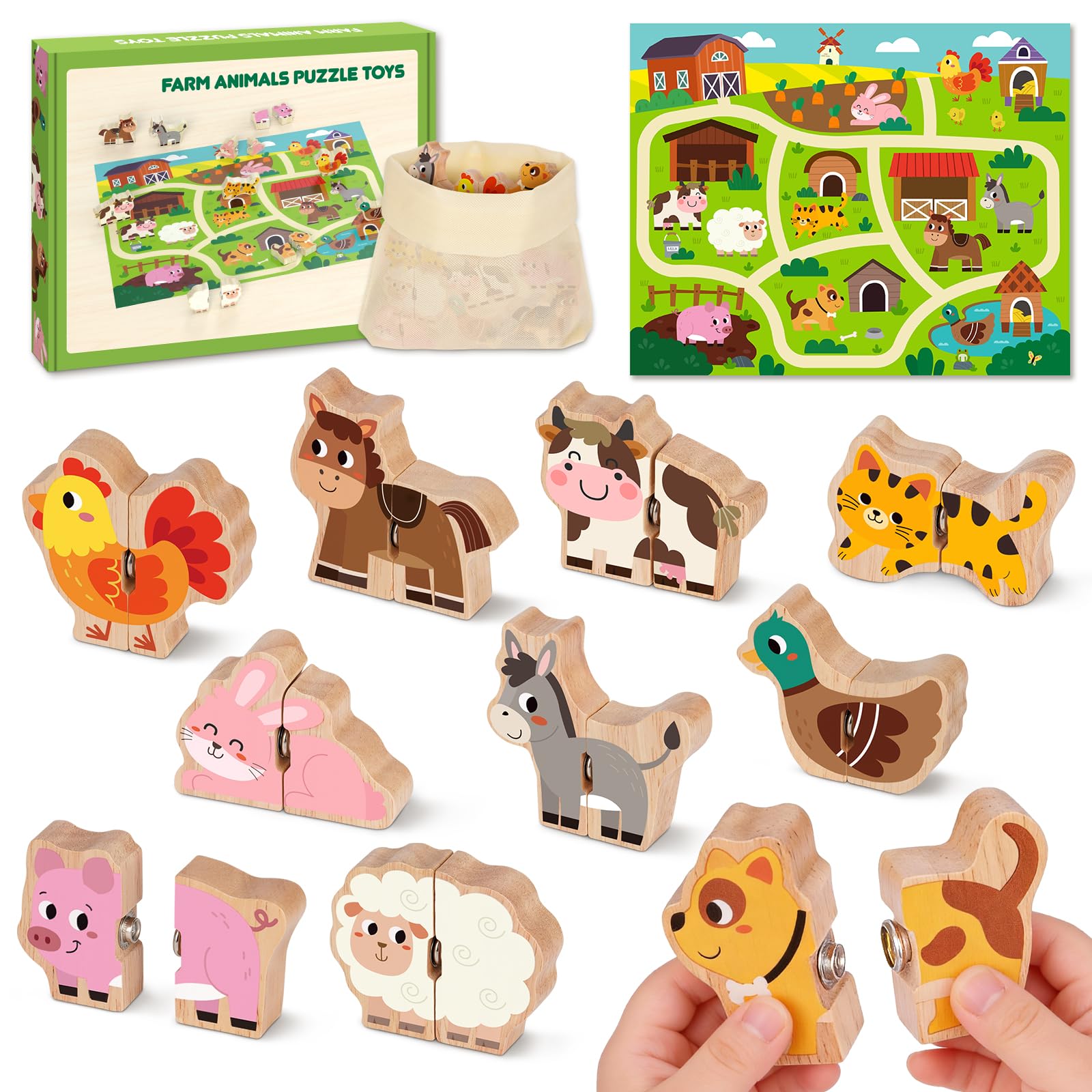Kimzom Toys for 1 2 3 Year old Boys Girls, Montessori Matching Puzzles Games Wooden Farm Animal Toys for Toddlers, Birthday Gift Presents for 18 Months Plus Baby Puzzles with Snap Fasteners