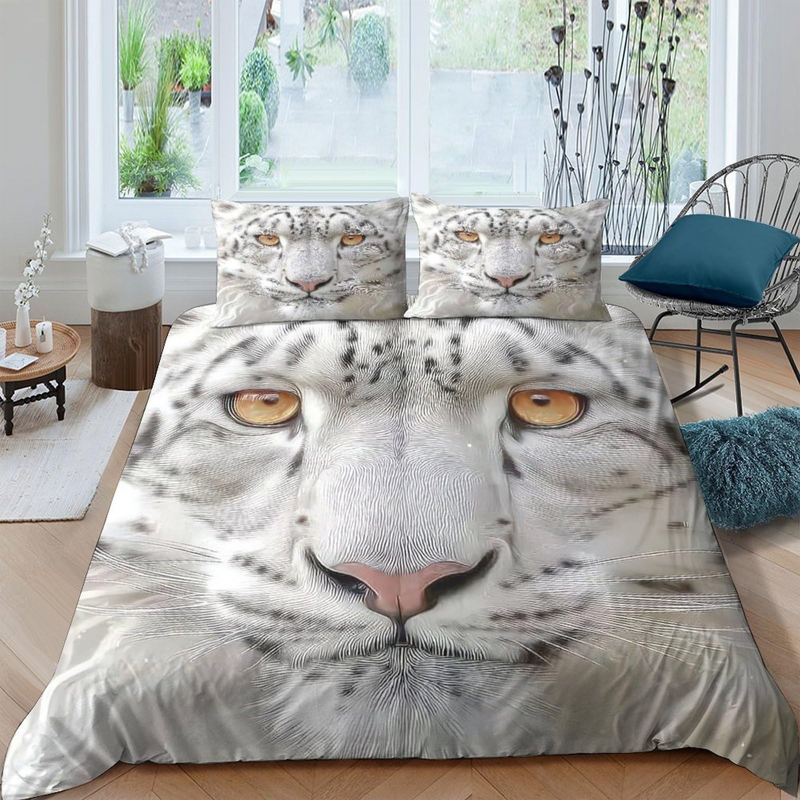 GPLZQXKJNH 3D Printed White Tiger Face Duvet Cover Microfiber Soft Breathable Animal Eyes Bedding Set with 2 Pillowcases for Bedroom Decor Single（135x200cm）