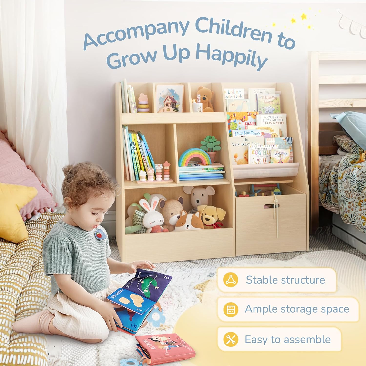 4 in 1 Kids Bookshelf and Toy Storage Organizer, 3-Tier Toy Organizers with Removable Toy Bins, Book Shelf for Kids Room, Toddler Sling Bookshelf with Storage Cubbies, Toy Shelf for Nursery, Playroom