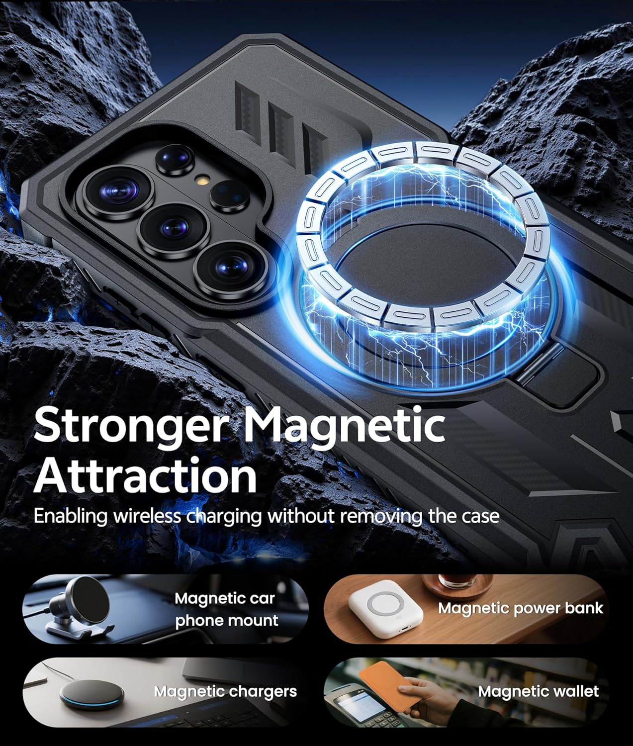 FNTCASE for Samsung Galaxy S26-Ultra Case: Magnetic Phone Cases with [Ring Kickstand] [2 Front Frames] [Built-in Screen Protector] [Heavy Duty Military Grade Protection] Drop Proof TPU Cover Black