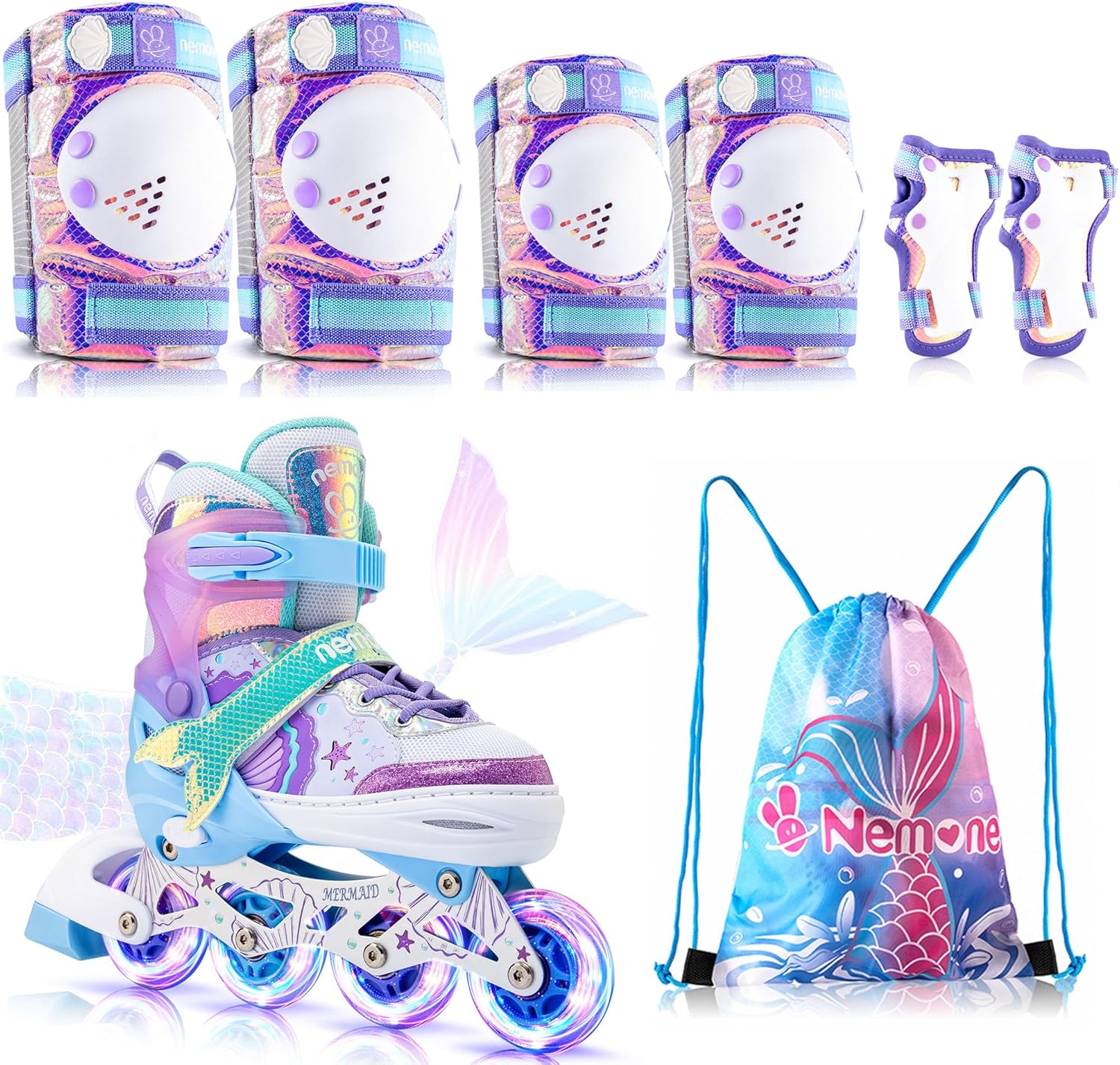NEMONE Mermaid Inline Skates (Purple M) with Protective Gear Set Knee Elbow Wrist Guards Pads for Kids Girls (Purple M)