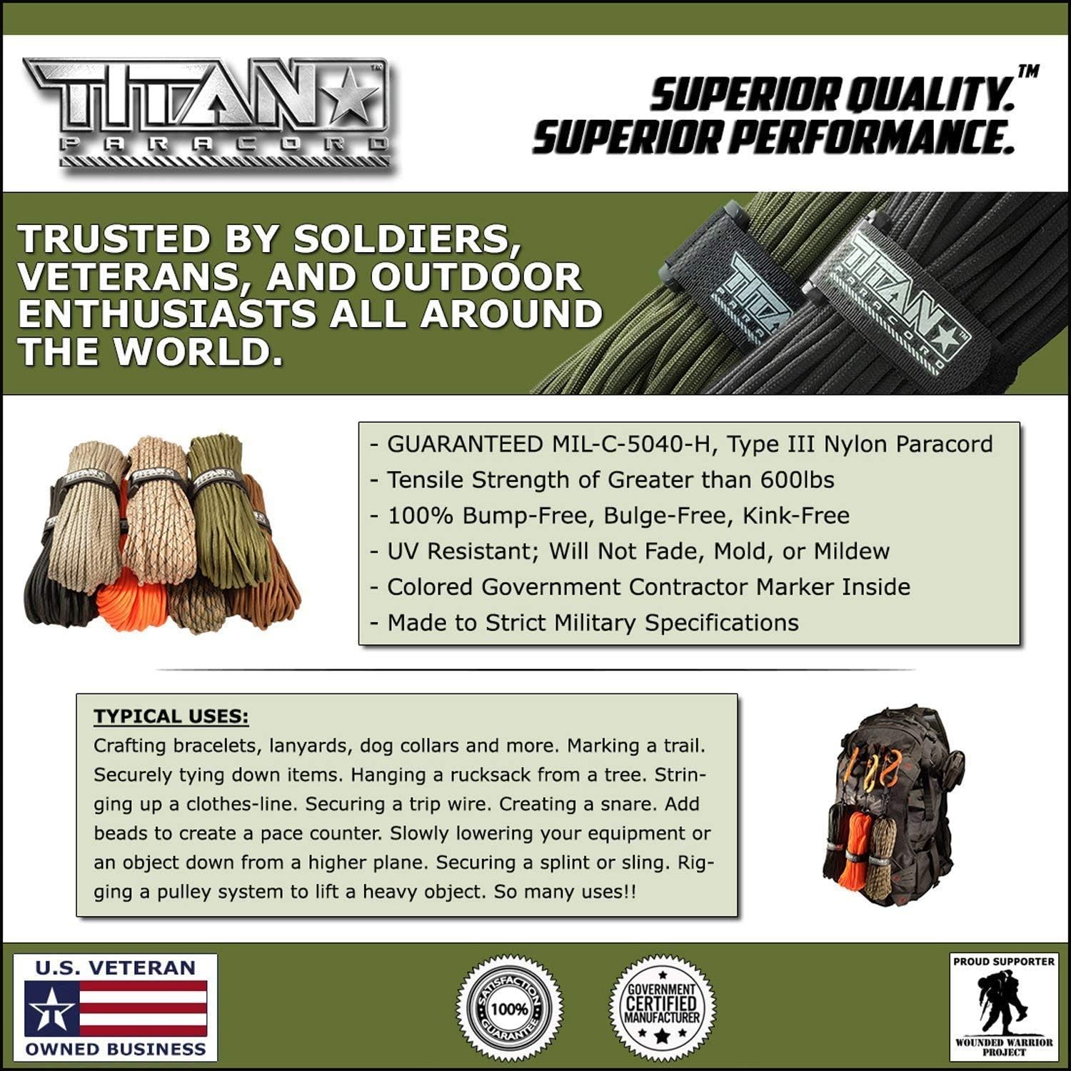 Titan WarriorCord | Desert-CAMO | 103 Continuous FEET | Exceeds Authentic MIL-C-5040, Type III 550 Paracord Standards. 7 Strand, 5/32" (4mm) Diameter, Military Parachute Cord.