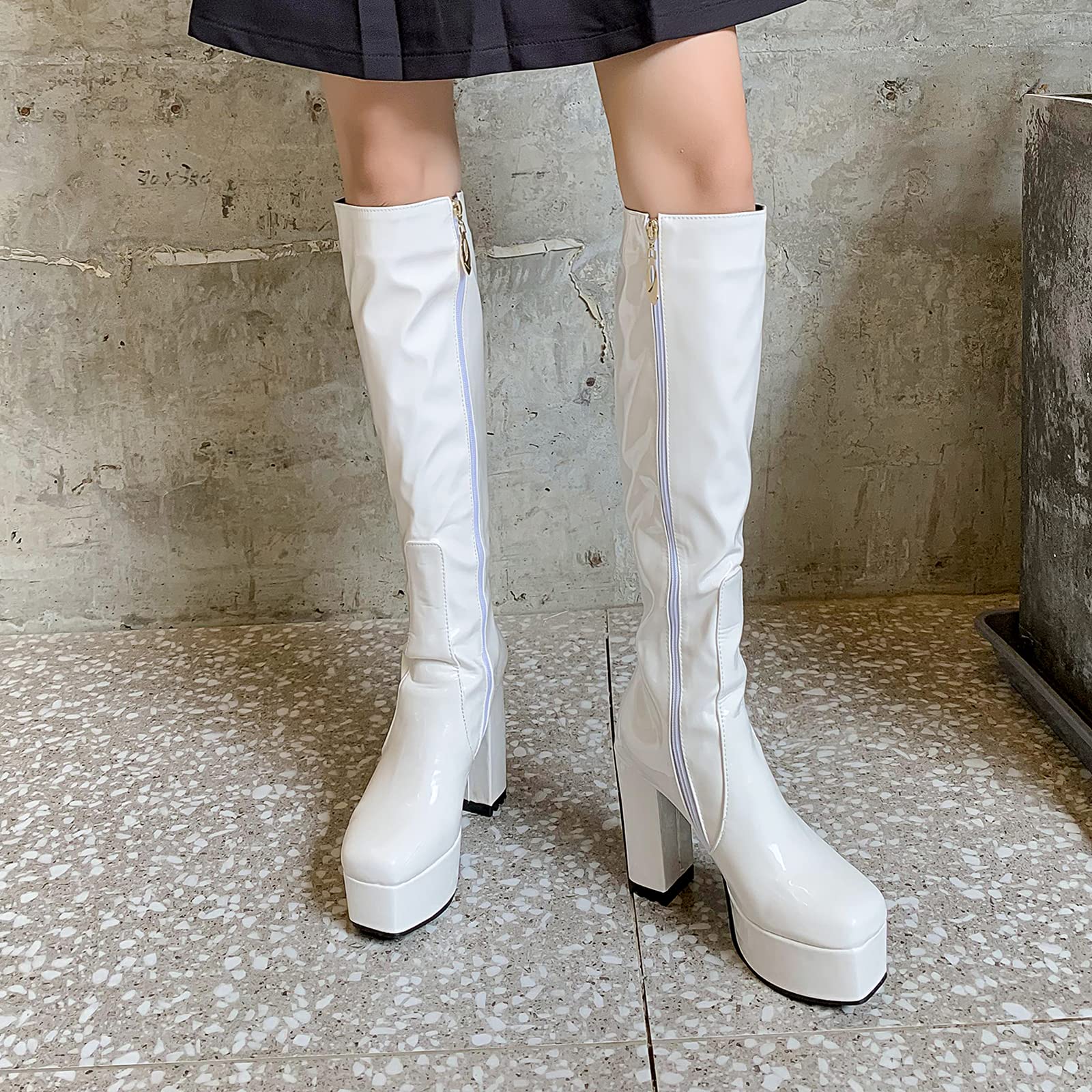 CUTEHEELS Damen Stiefel Lack Kniehoch Blockabsatz Plateau Reißverschluss