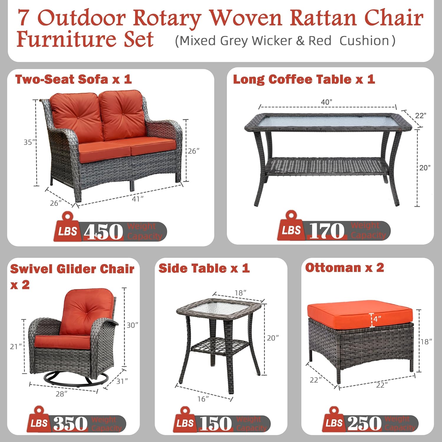 7-Piece Outdoor Patio Conversation Set with Storage Table, All Weather Wicker Rattan Conversation Set with Ottomans, Outdoor Sectional Swivel Rocking Chair for Patio, Porch,Red