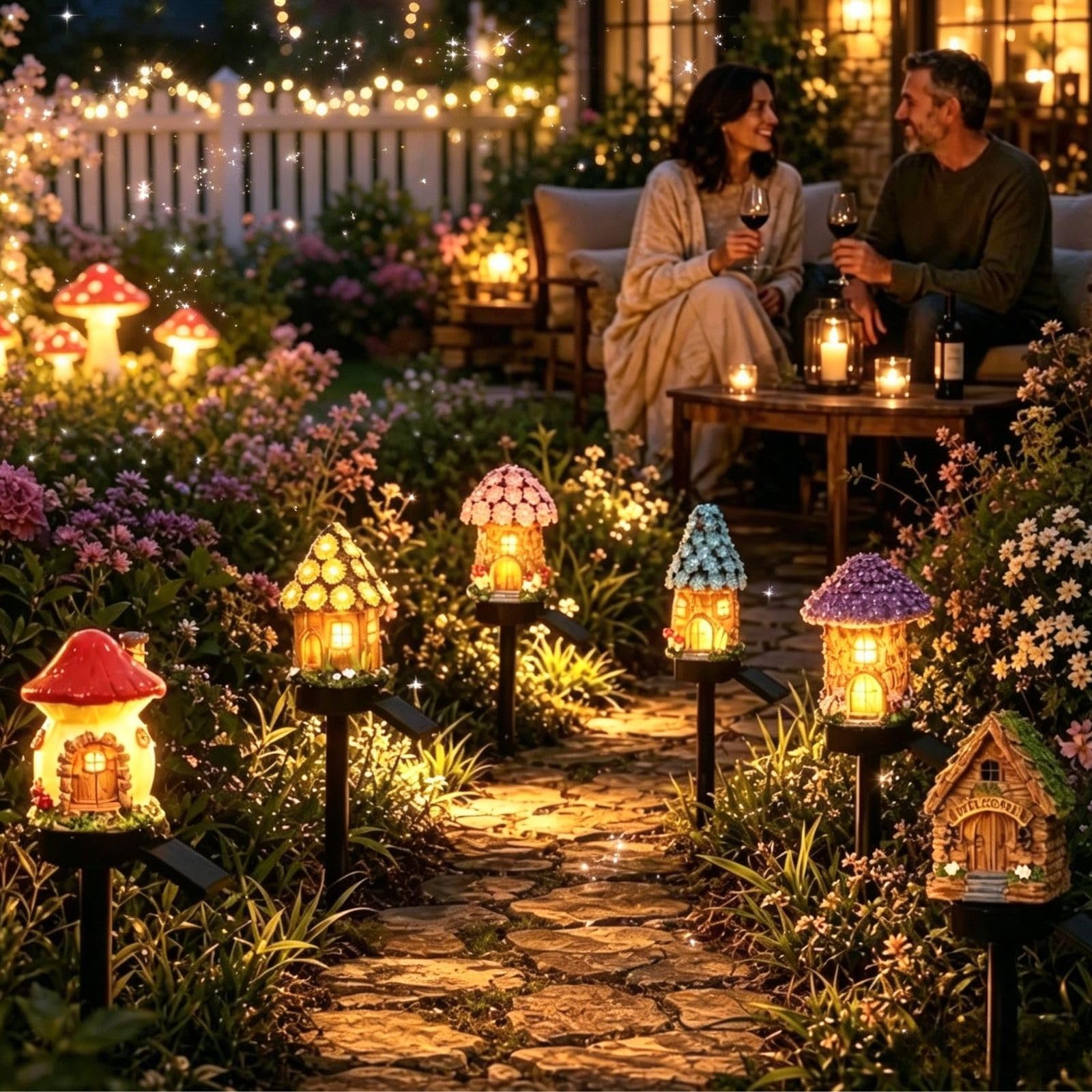 Fairy-Tale Mushroom House Solar Lights Outdoor, Fairy House Garden Stake Lights Fairy-Tale, Resin Mushroom Cottage Figurines, Auto On/Off Landscape Pathway Light for Yard Patio Lawn (6Pcs)
