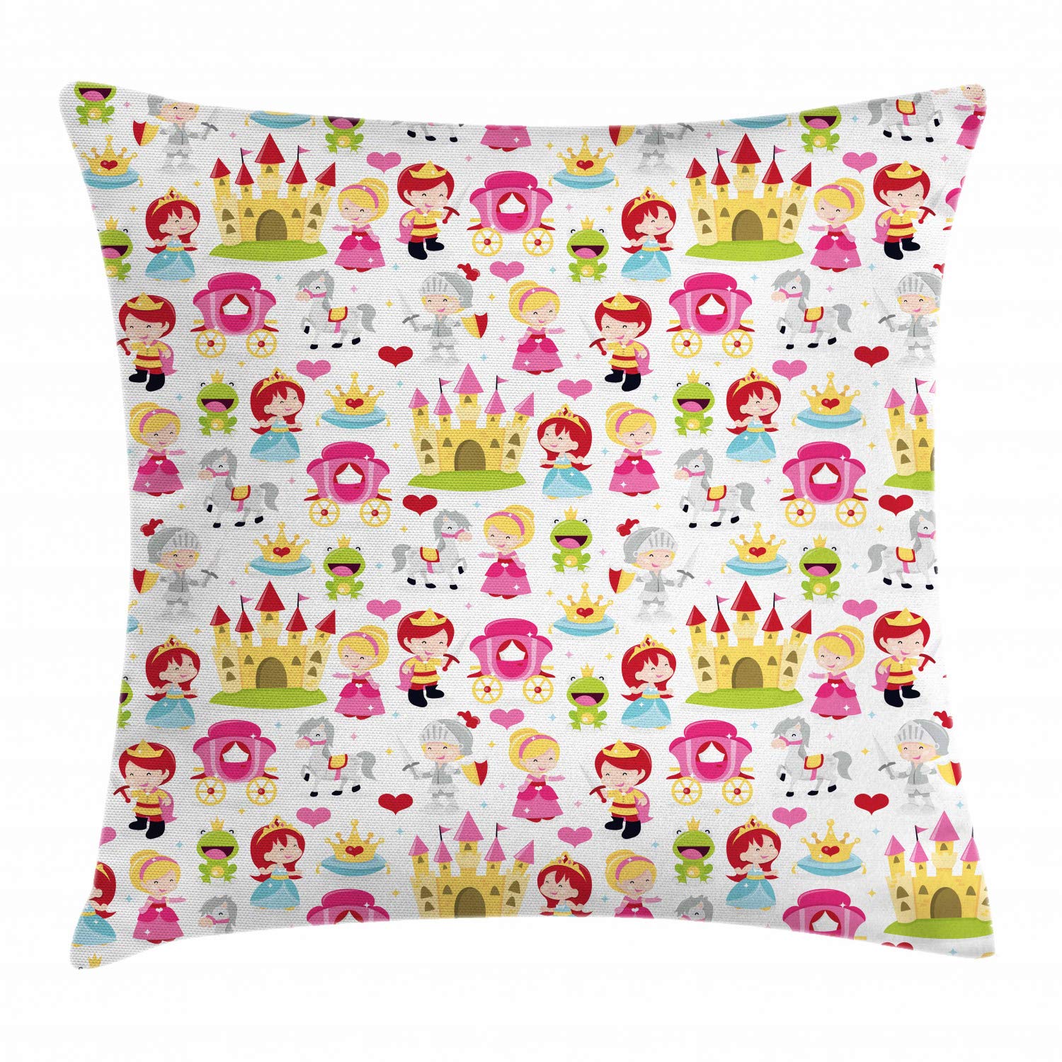 Lunarable Fantasy Throw Pillow Cushion Cover, Cartoon Illustration Cartoon Knights Castles Crowns Frogs Horses Illustration, Decorative Square Accent Pillow Case, 36