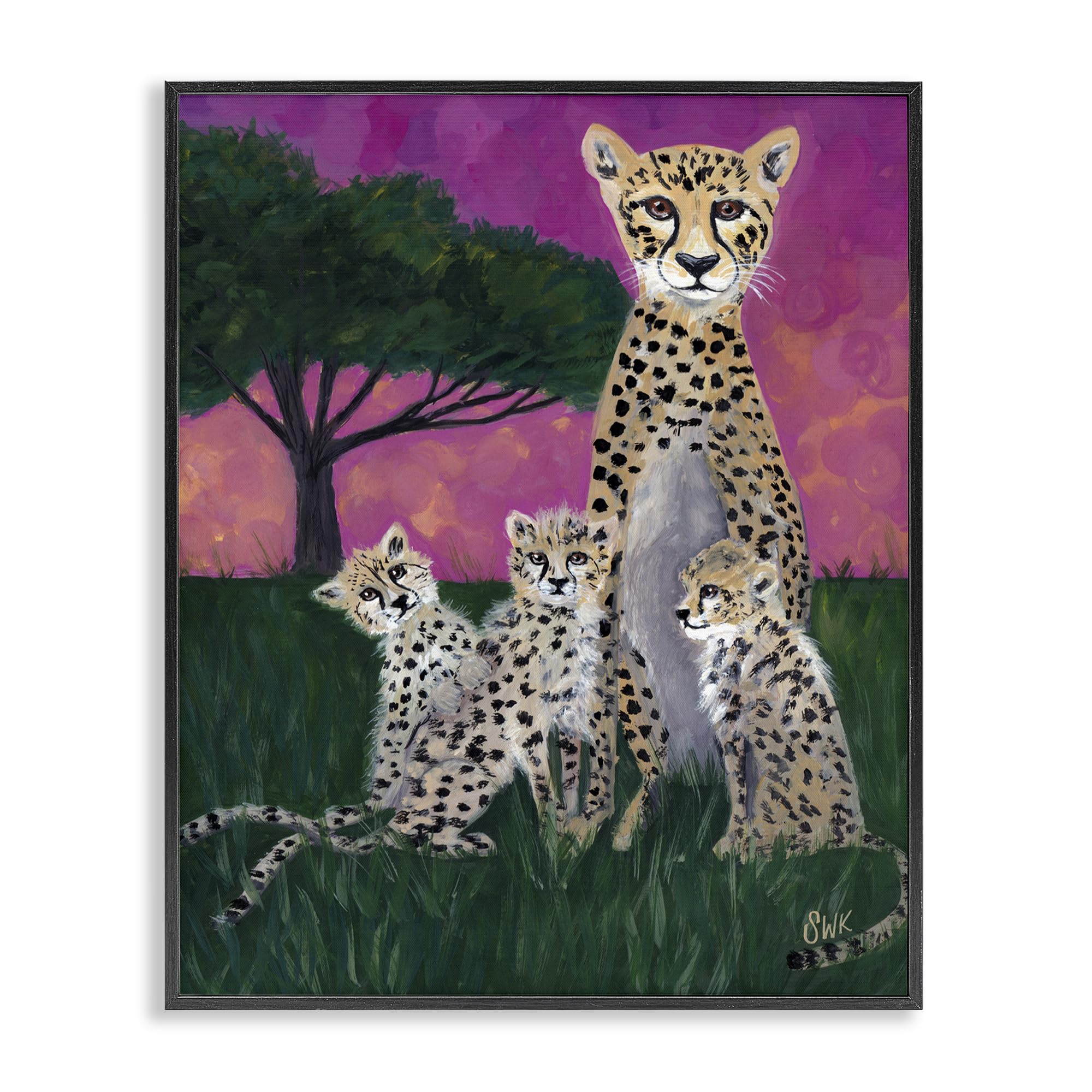 Stupell Industries Midnight Black (Textured) Mama Cheetah And Cubs Safari Nursery, 16 X 20 Inch Framed Giclée Print