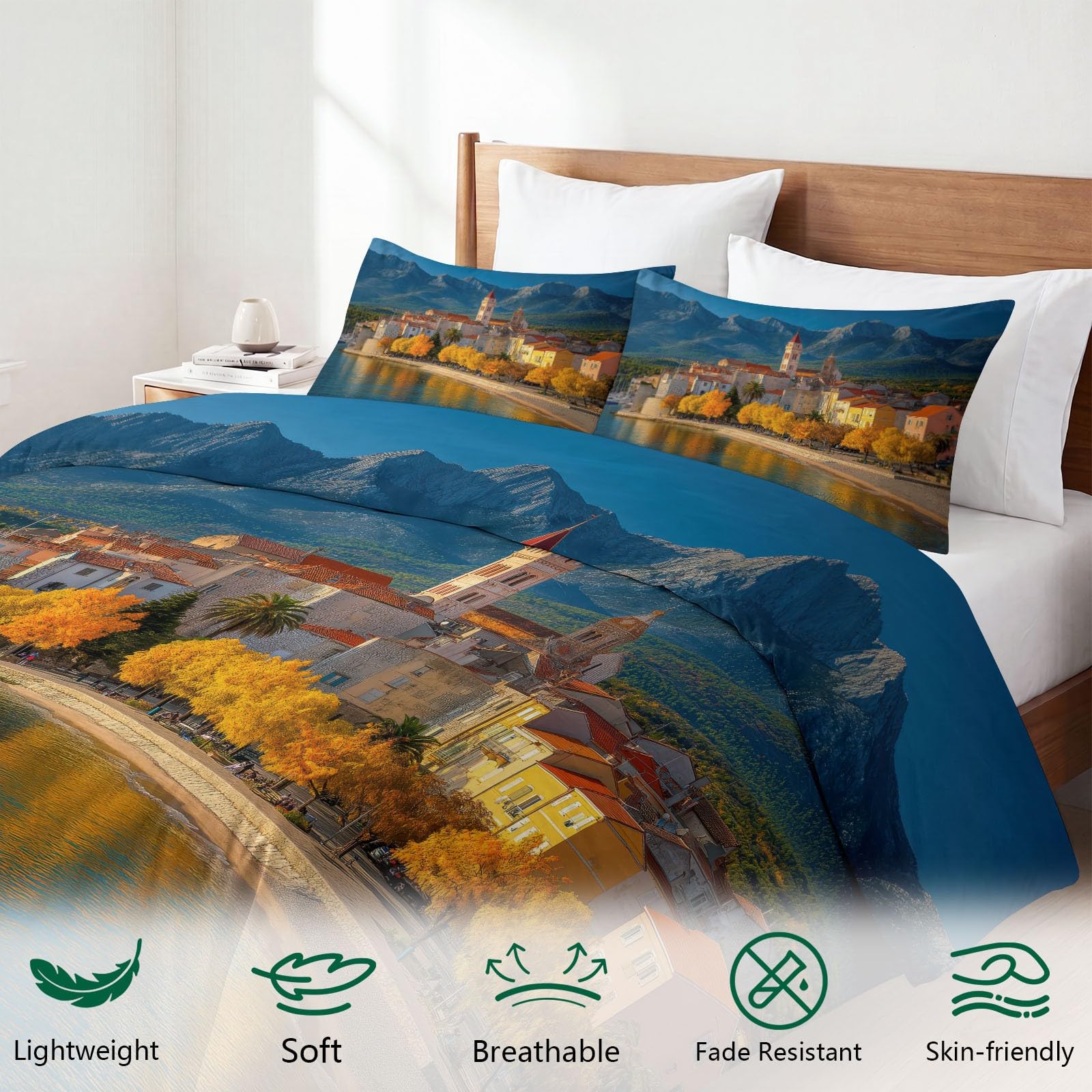 Generisch Bettwäsche Set 3-teilig 200 x 200 cm, Mediterran Vintage Kinderbettwäsche Mikrofaser mit Reißverschluss - Bettbezug Kleinstadt Strand für Jungen Mädchen Hellblau Bettwaren